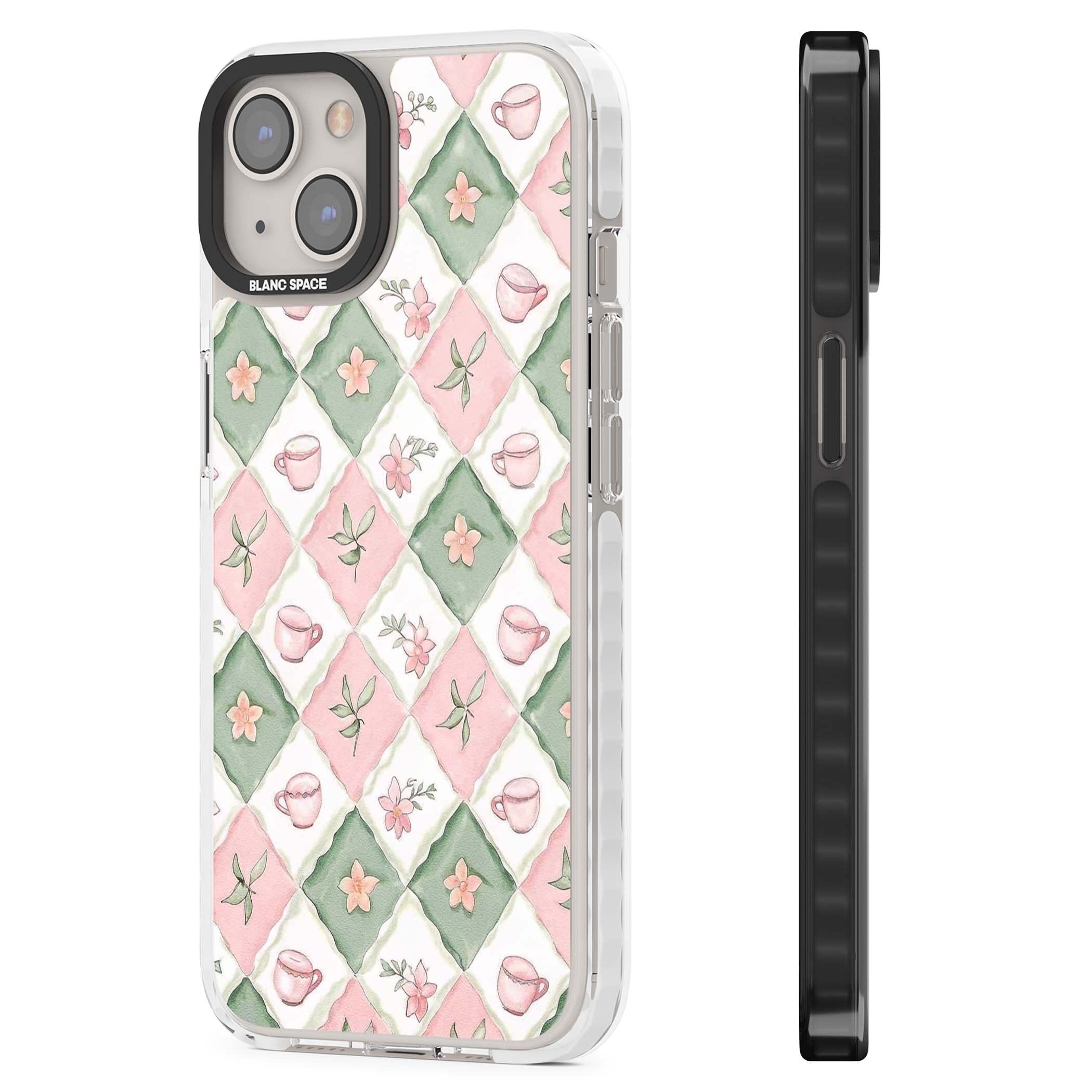 Garden Tea Party coquette iPhone case with pink and green checkered pattern, watercolour teacups and wildflowers | Clear Impact case for iPhone 13, iPhone 14, iPhone 15