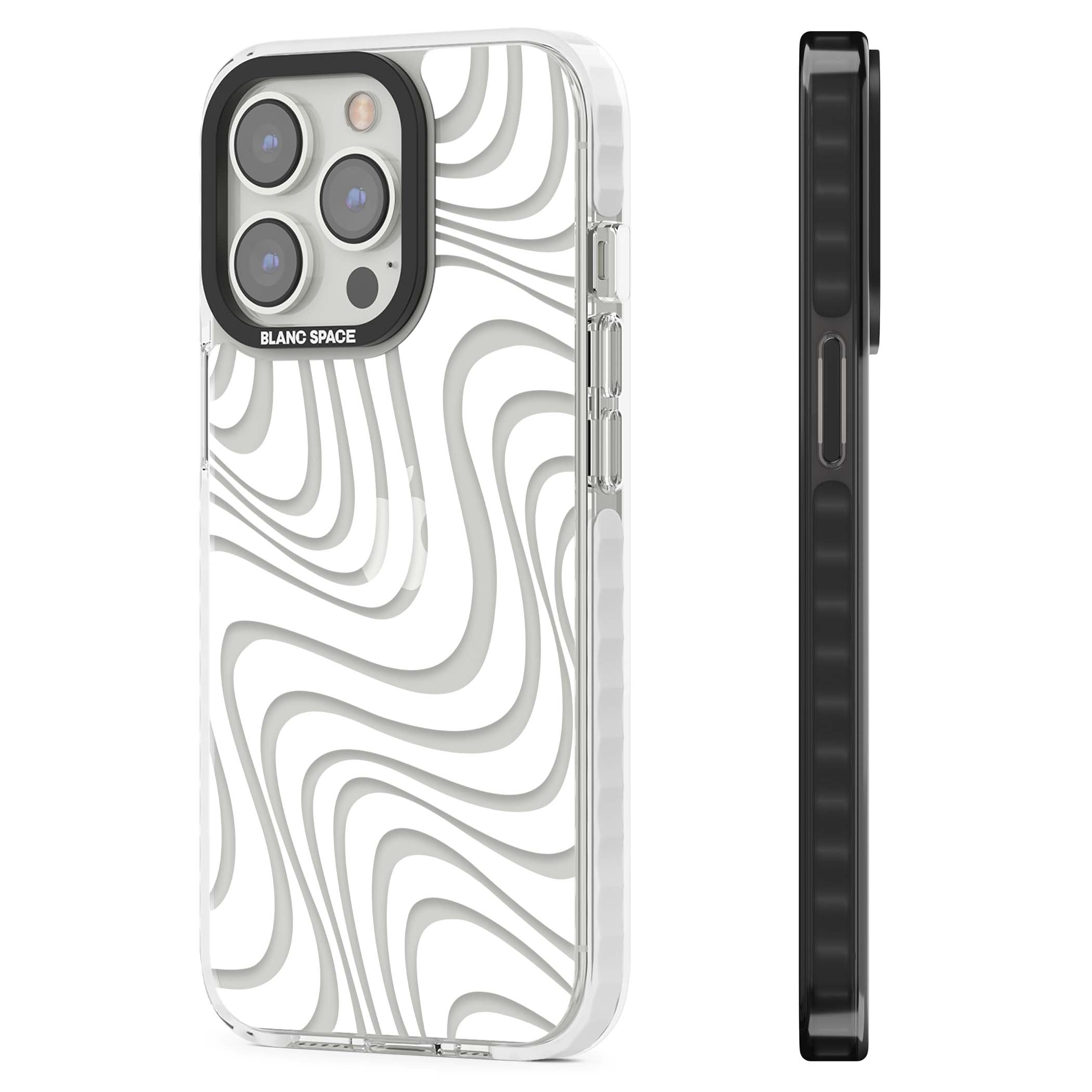 White Abstract Waves abstract iPhone case featuring flowing grey wave pattern on clear background | Clear Impact case for iPhone 13 Pro, iPhone 14 Pro, iPhone 15 Pro