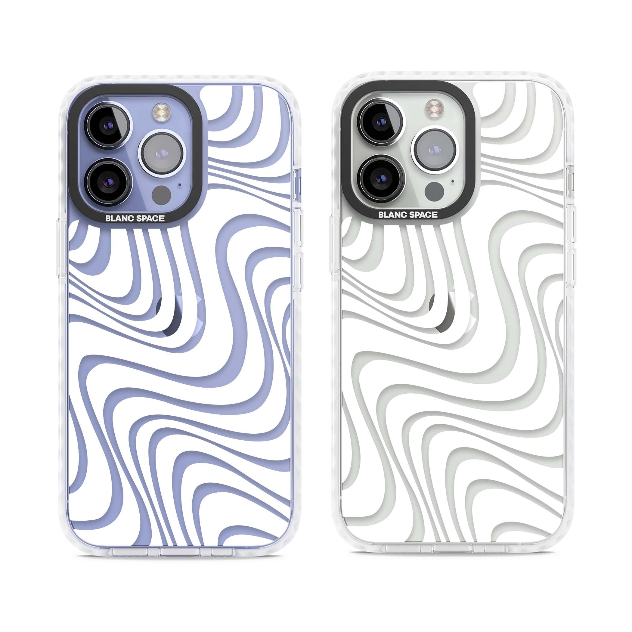 White Abstract Waves abstract iPhone case featuring flowing grey wave pattern on clear background | Clear Impact case for iPhone 13 Pro, iPhone 14 Pro, iPhone 15 Pro