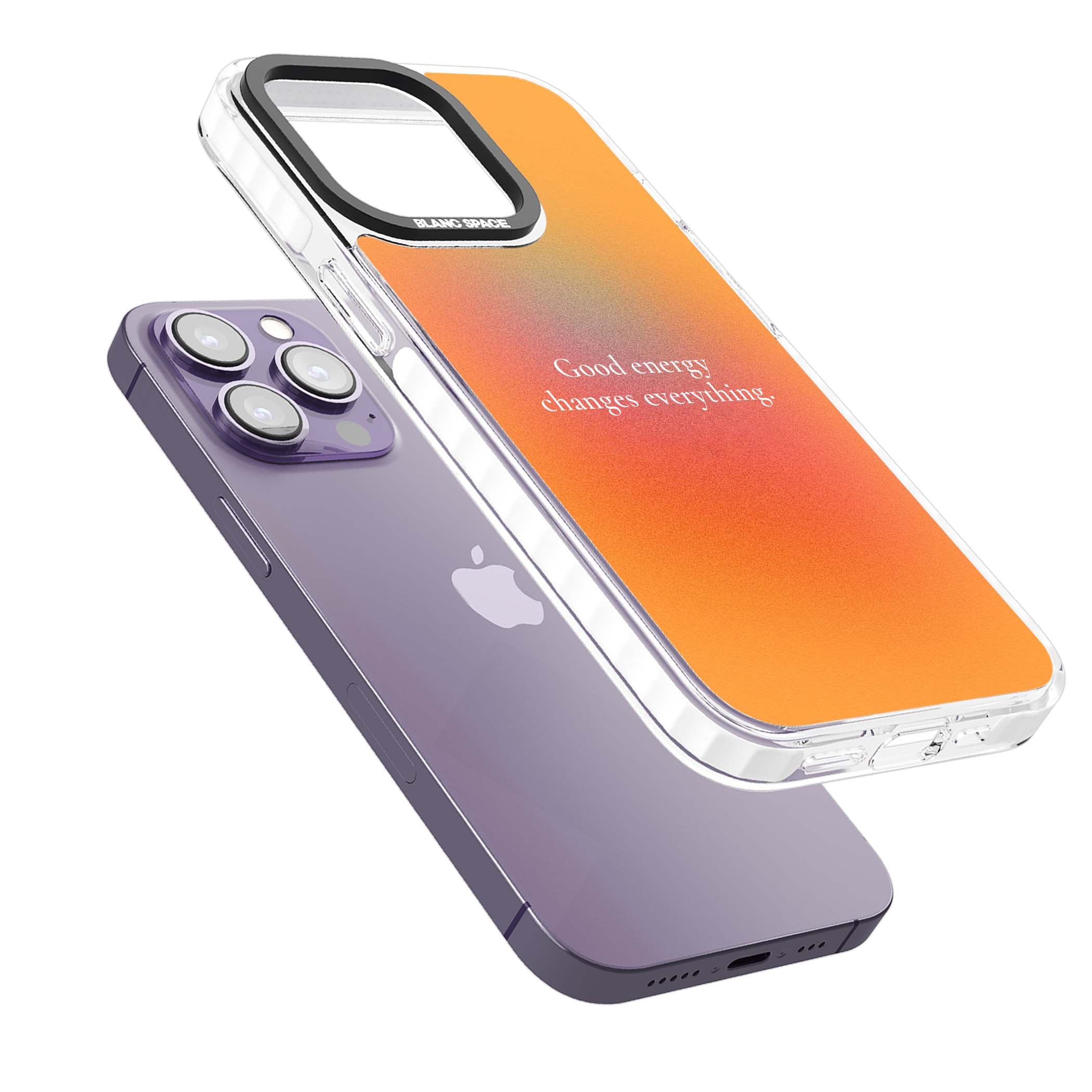 Good Energy quote iPhone case featuring an orange and pink aura gradient with white serif affirmation text | Clear Impact case for iPhone 13 Pro, iPhone 14 Pro, iPhone 15 Pro