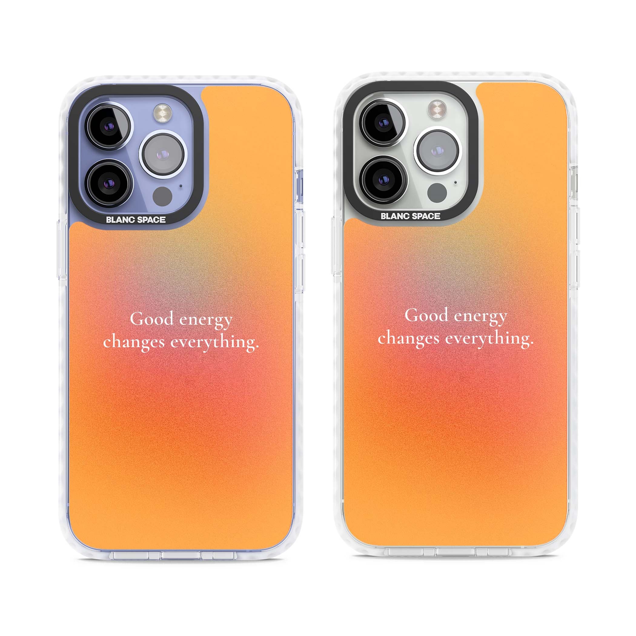 Good Energy quote iPhone case featuring an orange and pink aura gradient with white serif affirmation text | Clear Impact case for iPhone 13 Pro, iPhone 14 Pro, iPhone 15 Pro