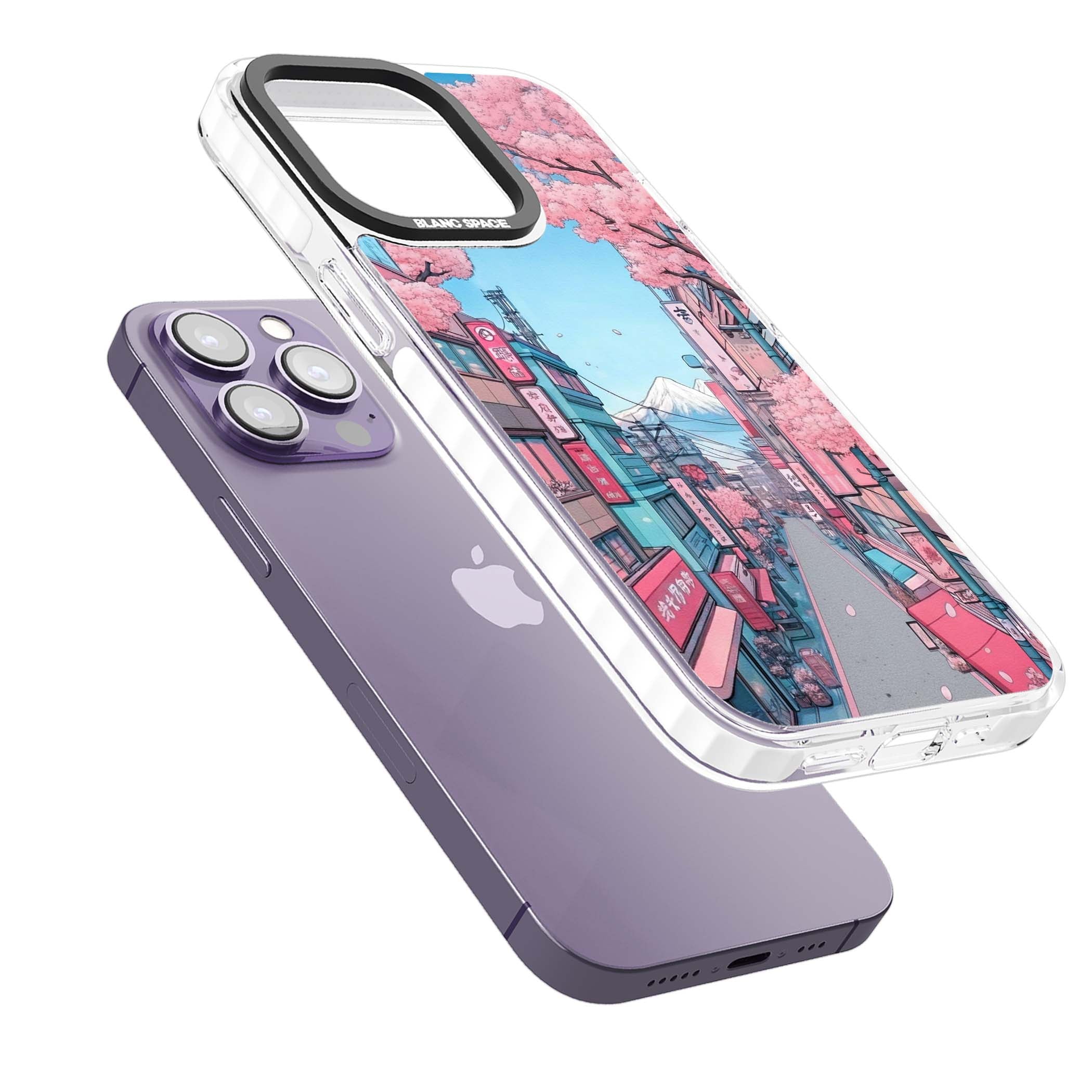 Sakura Lane anime iPhone case featuring Tokyo street scene with cherry blossoms and Mount Fuji | Clear Impact case for iPhone 13 Pro, iPhone 14 Pro, iPhone 15 Pro