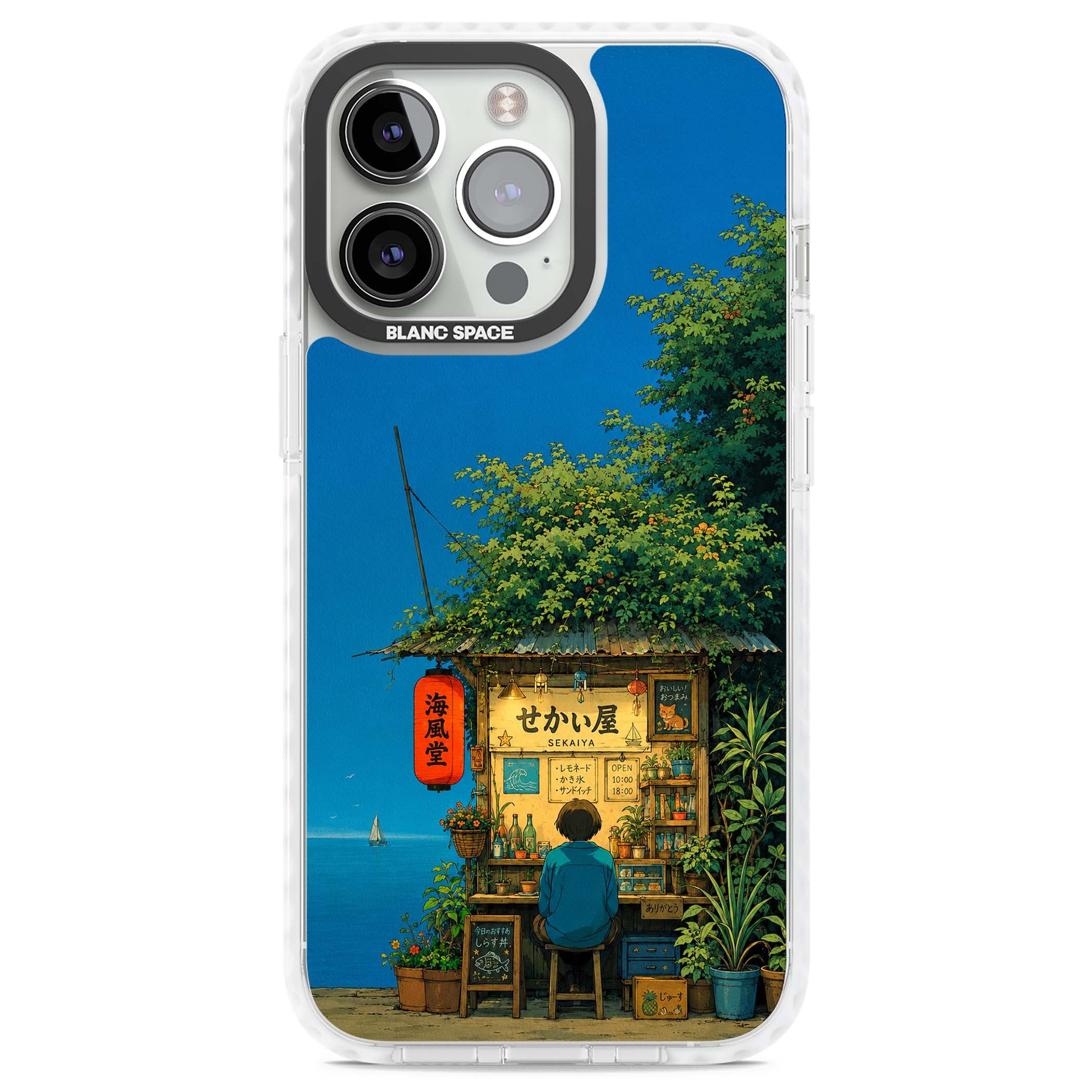 The Shirahama Kiosk anime iPhone case featuring a Japanese seaside shop, red paper lantern and ocean view | Clear Impact case for iPhone 13 Pro, iPhone 14 Pro, iPhone 15 Pro