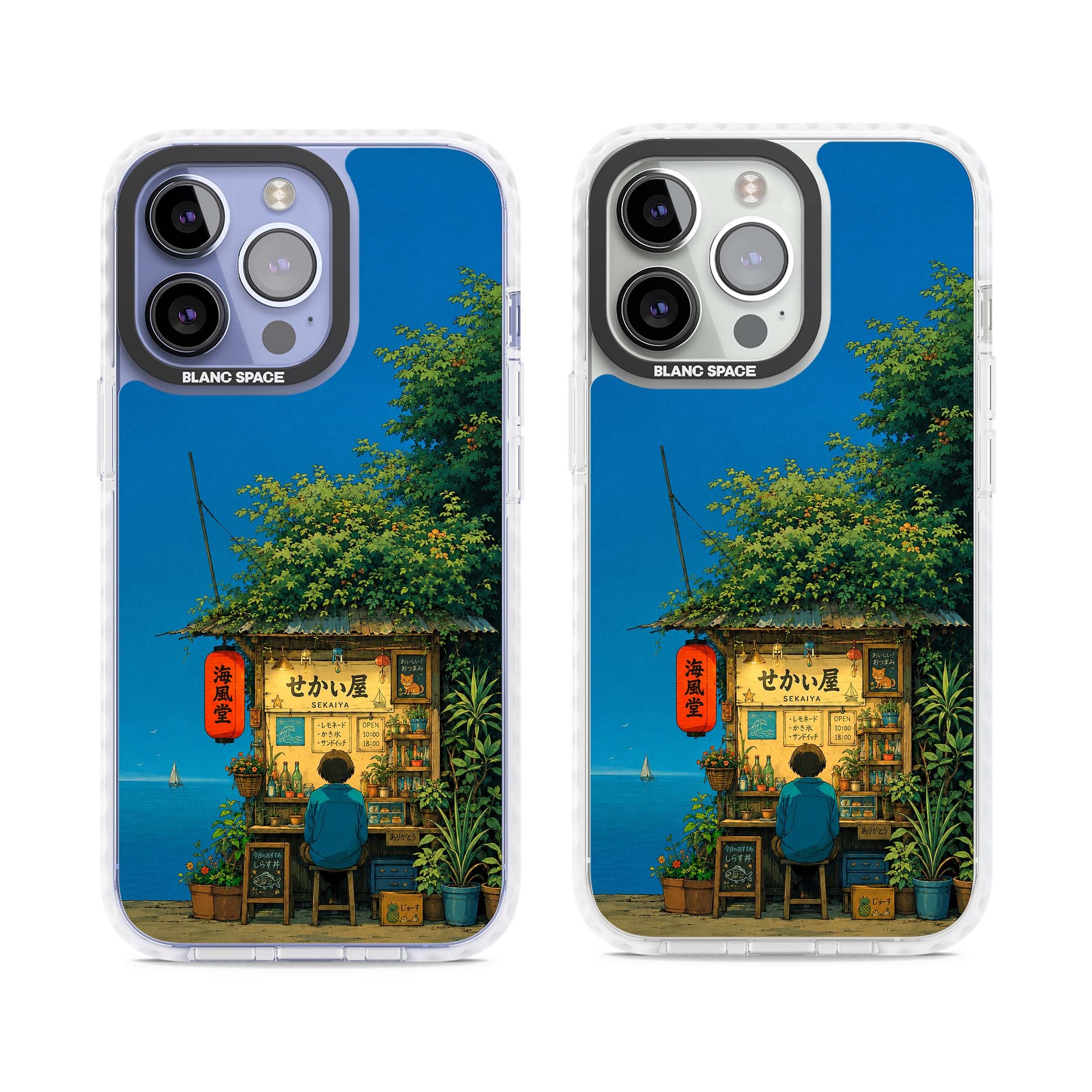 The Shirahama Kiosk anime iPhone case featuring a Japanese seaside shop, red paper lantern and ocean view | Clear Impact case for iPhone 13 Pro, iPhone 14 Pro, iPhone 15 Pro