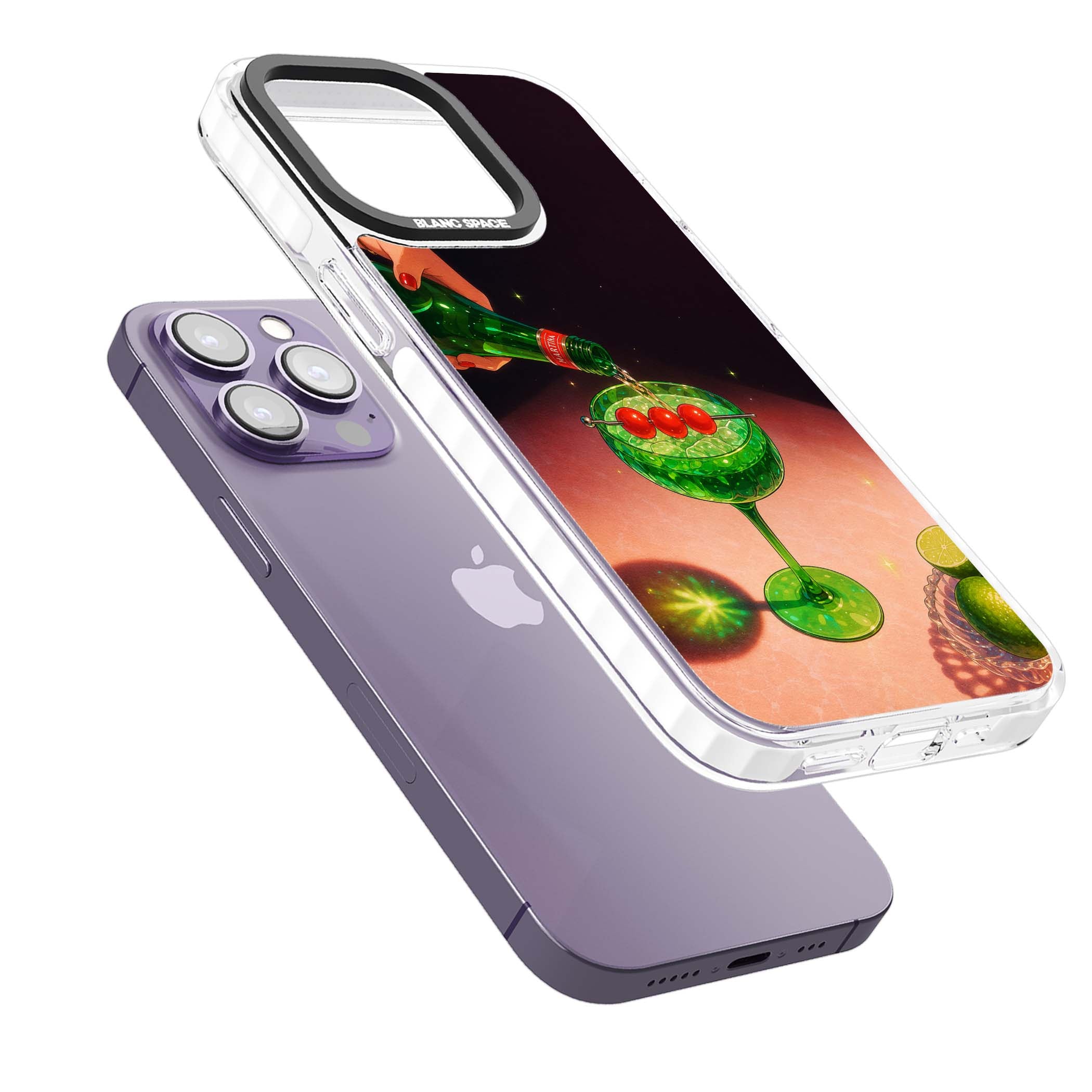 Absinthe Hour cocktail iPhone case featuring a green coupe glass, cherry garnish and vintage bottle pour illustration | Clear Impact case for iPhone 13 Pro, iPhone 14 Pro, iPhone 15 Pro