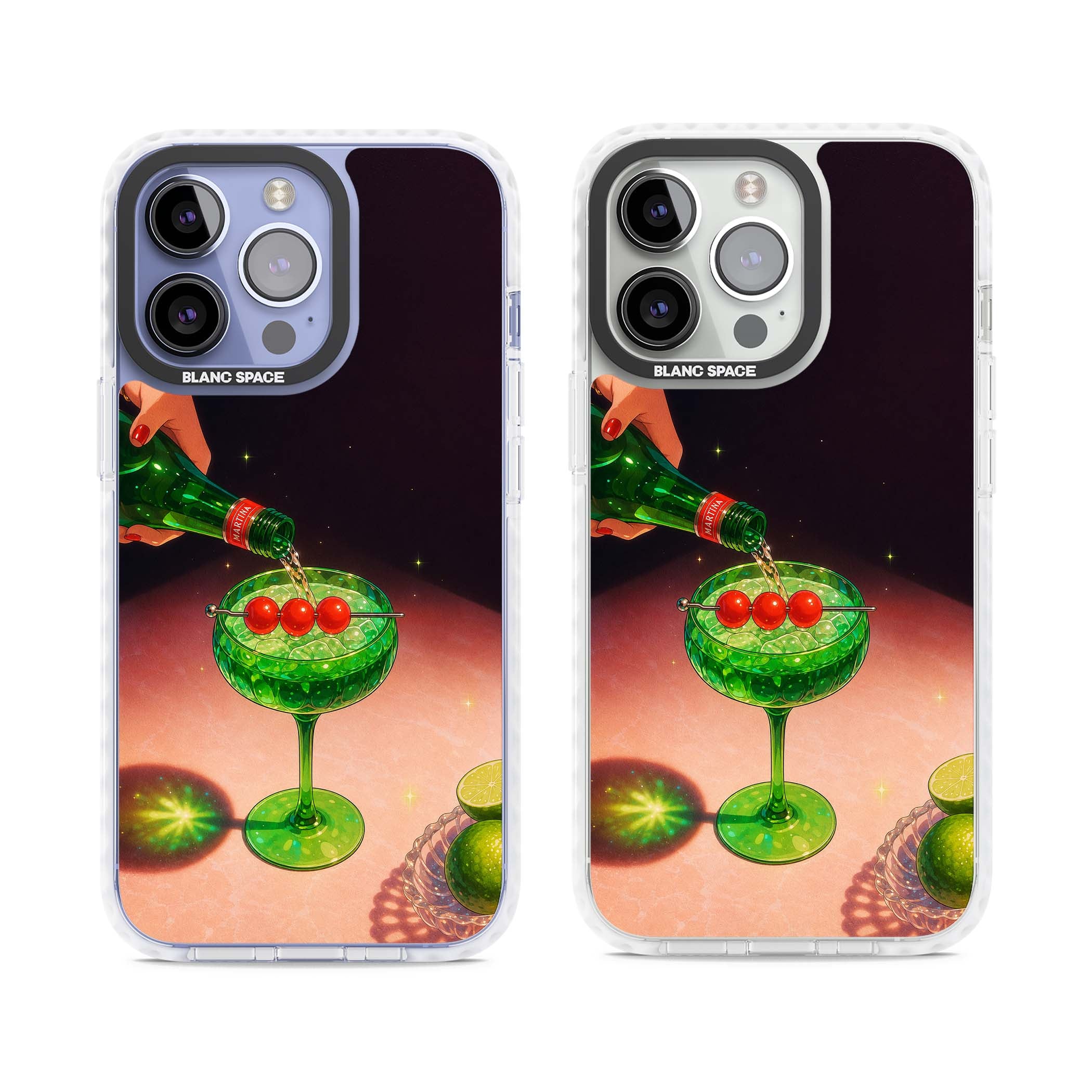 Absinthe Hour cocktail iPhone case featuring a green coupe glass, cherry garnish and vintage bottle pour illustration | Clear Impact case for iPhone 13 Pro, iPhone 14 Pro, iPhone 15 Pro