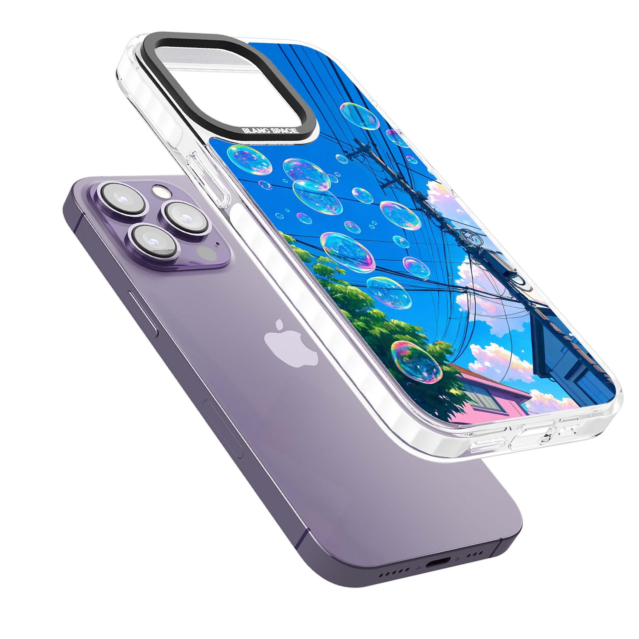 Suburban Bubbles anime iPhone case featuring iridescent soap bubbles, blue sky and Japanese telephone wires | Clear Impact case for iPhone 13 Pro, iPhone 14 Pro, iPhone 15 Pro