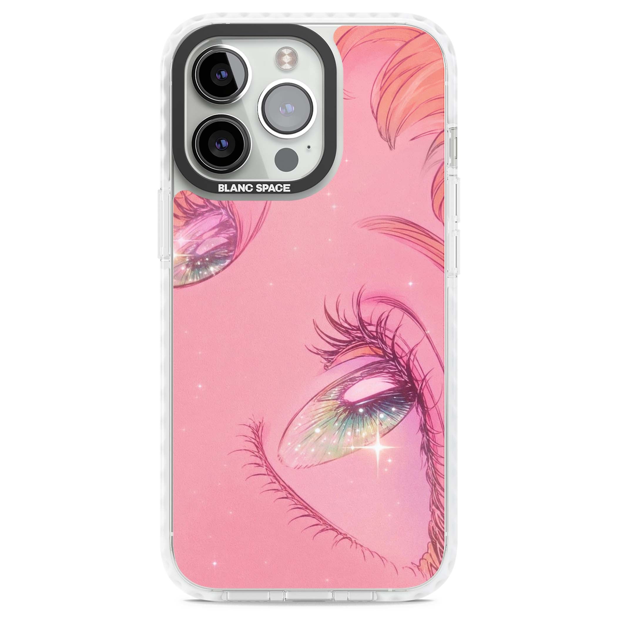 Pink Ethereal Gaze anime iPhone case featuring sparkling manga eyes, coral lashes and dreamy peach sky | Clear Impact case for iPhone 13 Pro, iPhone 14 Pro, iPhone 15 Pro