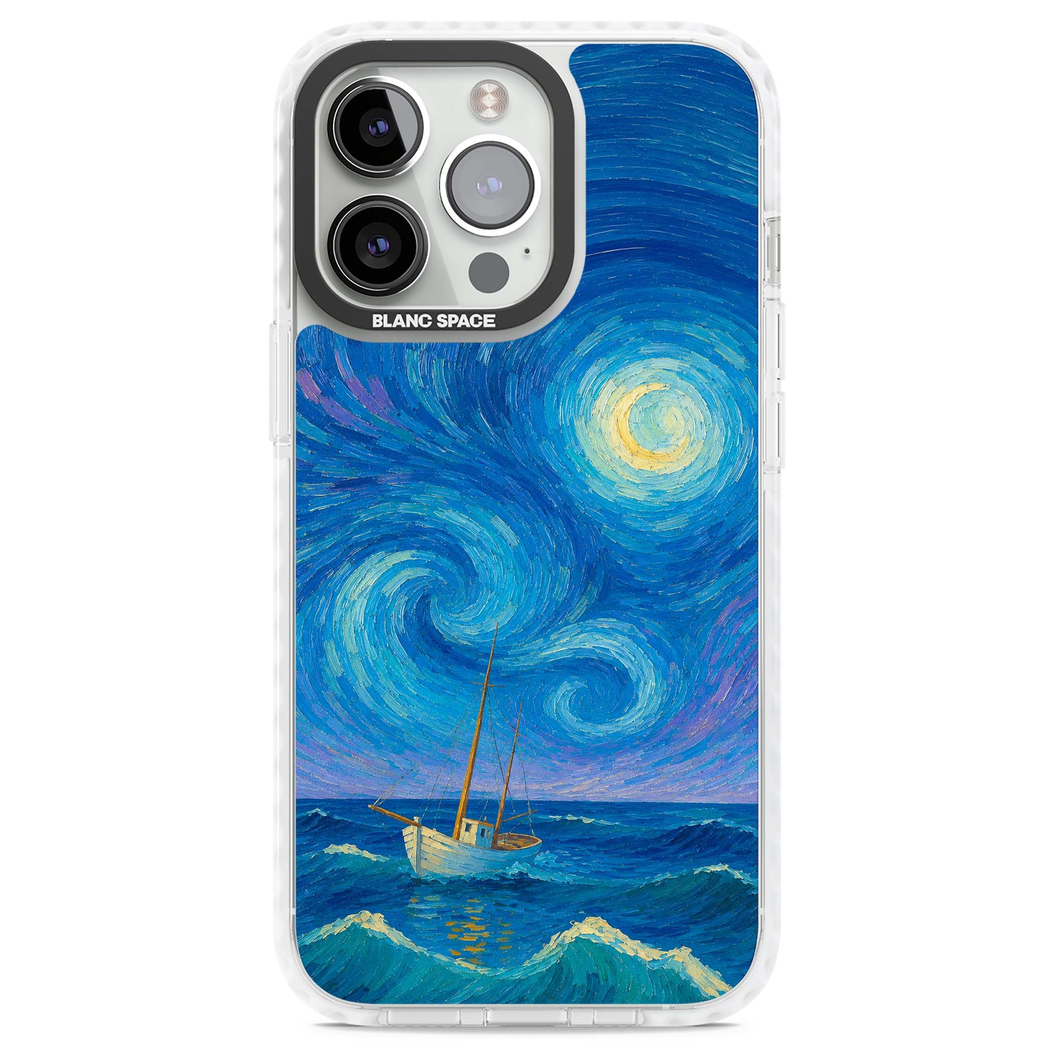 Moonlit Tide Van Gogh art iPhone case featuring swirling starry night sky, glowing moon and lone sailing boat at sea | Clear Impact case for iPhone 13 Pro, iPhone 14 Pro, iPhone 15 Pro