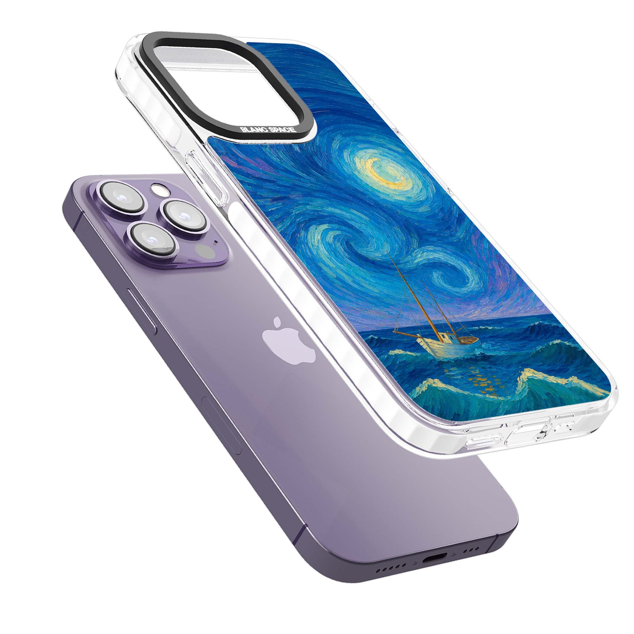 Moonlit Tide Van Gogh art iPhone case featuring swirling starry night sky, glowing moon and lone sailing boat at sea | Clear Impact case for iPhone 13 Pro, iPhone 14 Pro, iPhone 15 Pro