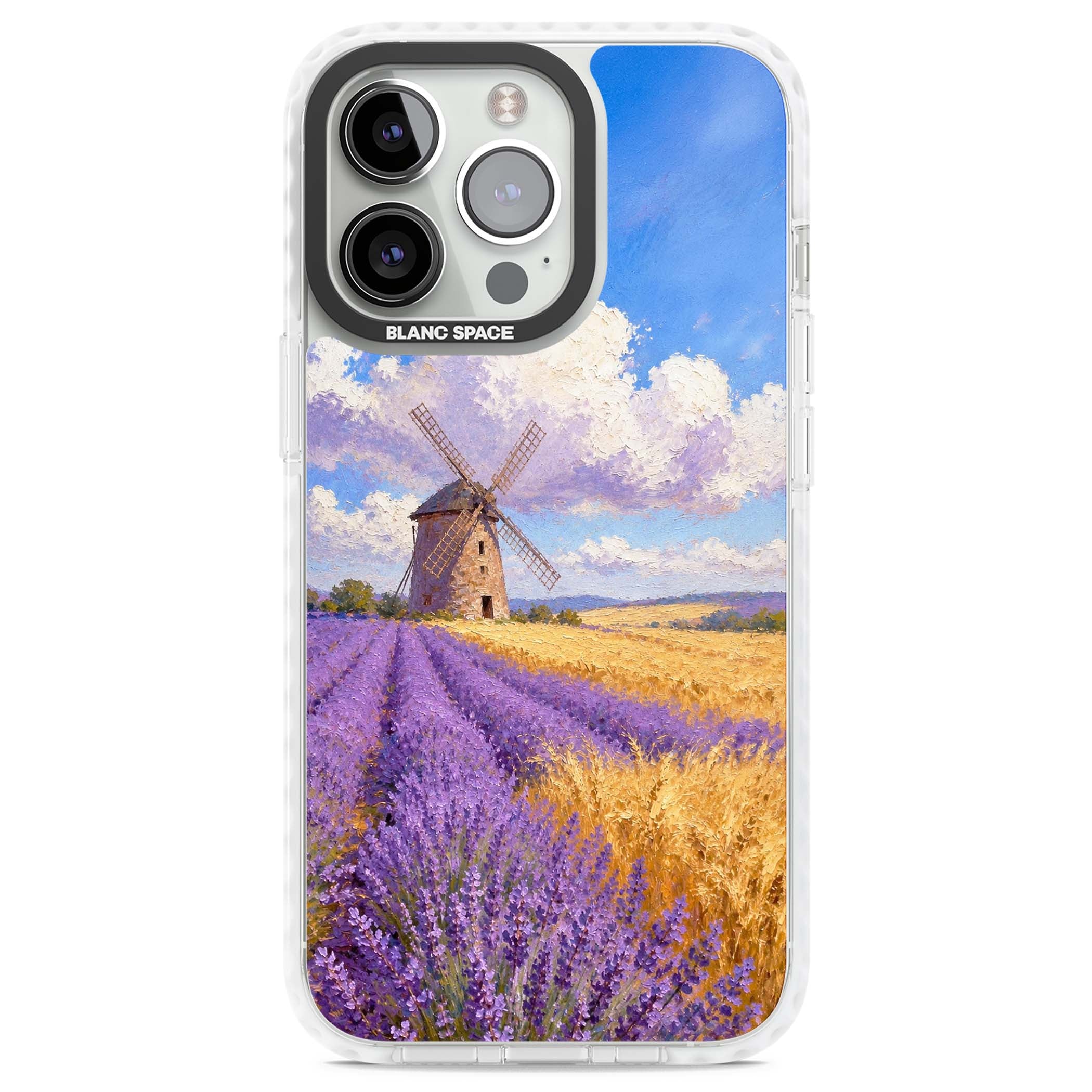 Lavender Mill cottagecore iPhone case featuring a French windmill, lavender field and golden wheat oil painting | Clear Impact case for iPhone 13 Pro, iPhone 14 Pro, iPhone 15 Pro