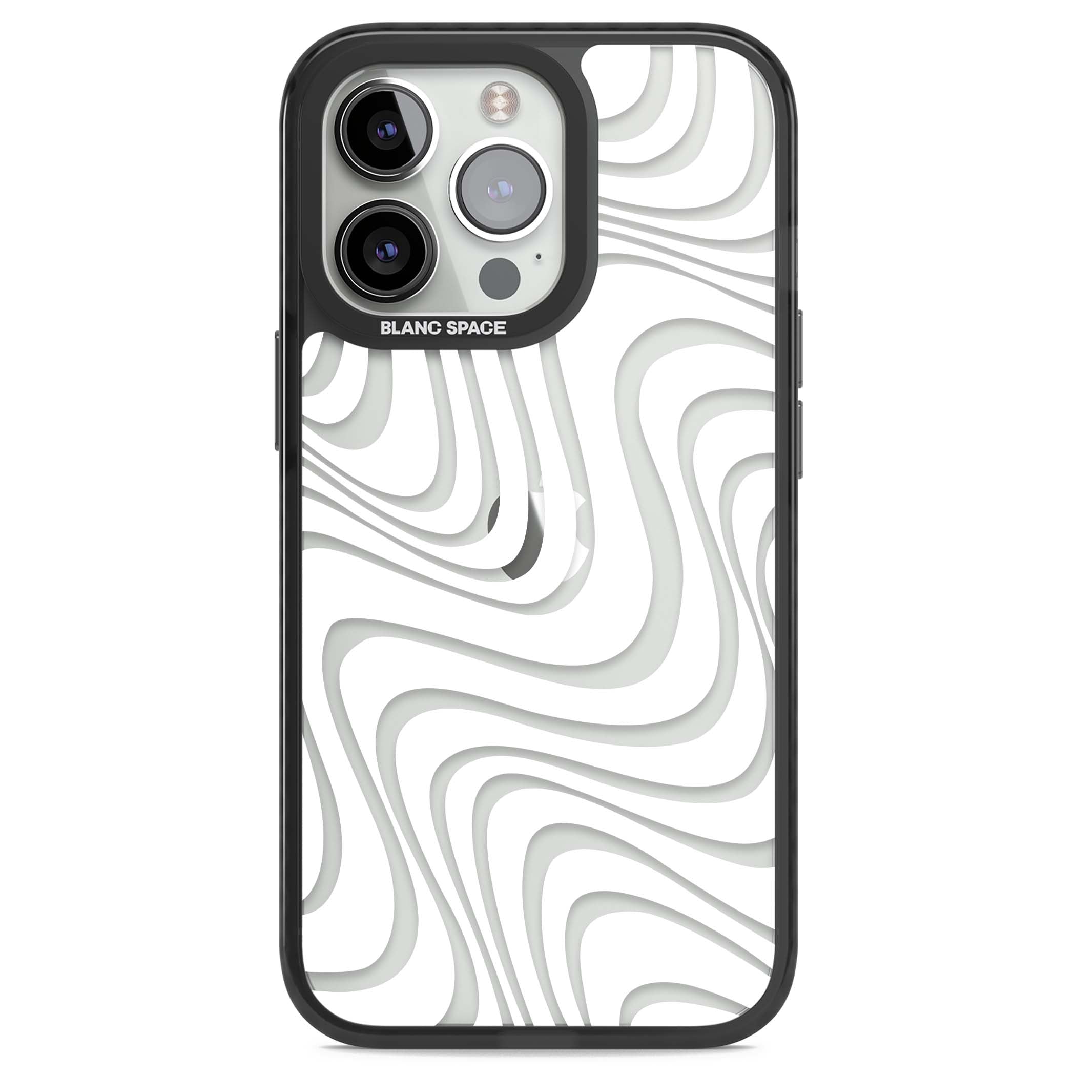 White Abstract Waves abstract iPhone case featuring flowing grey wave pattern on clear background | Black Impact case for iPhone 13 Pro, iPhone 14 Pro, iPhone 15 Pro