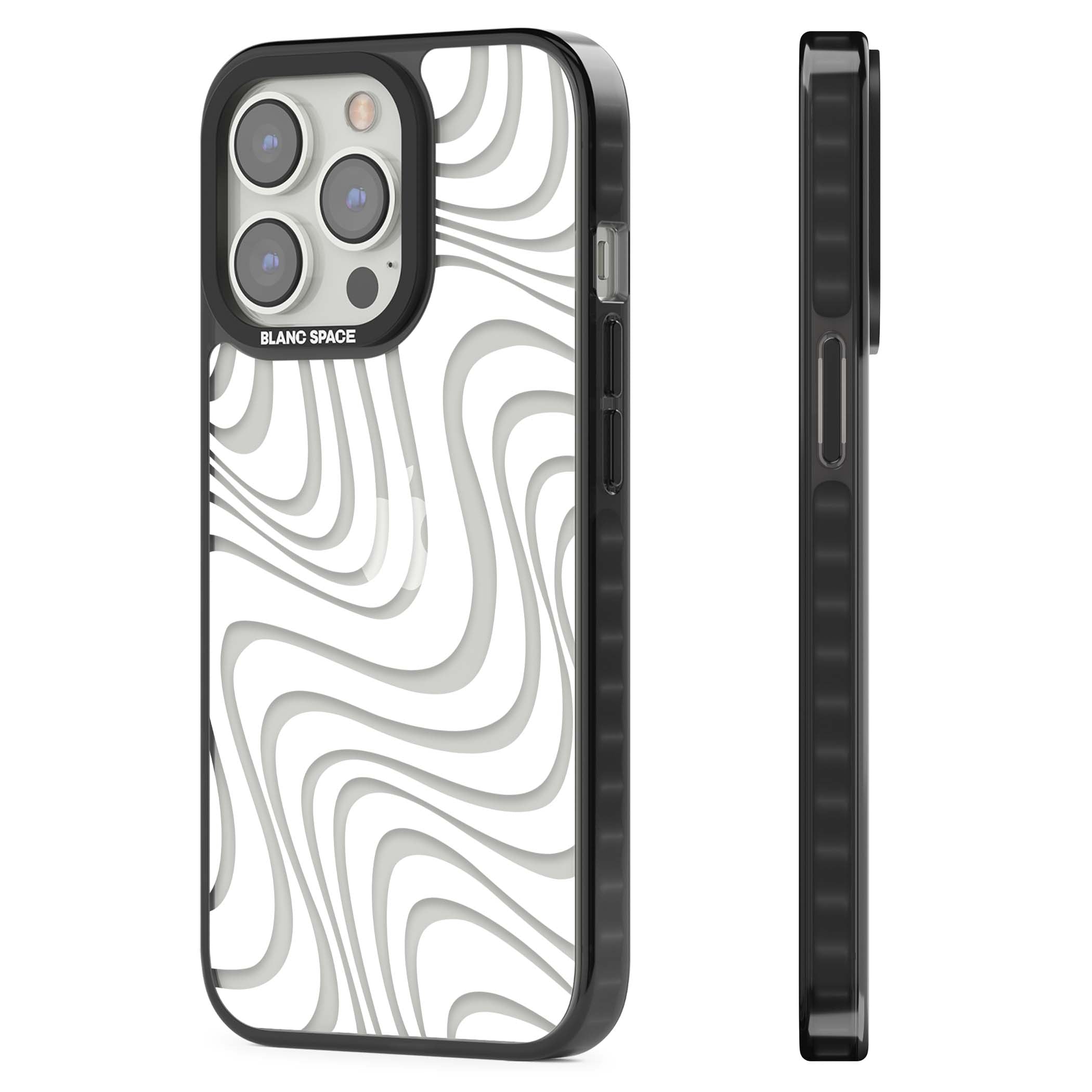 White Abstract Waves abstract iPhone case featuring flowing grey wave pattern on clear background | Black Impact case for iPhone 13 Pro, iPhone 14 Pro, iPhone 15 Pro