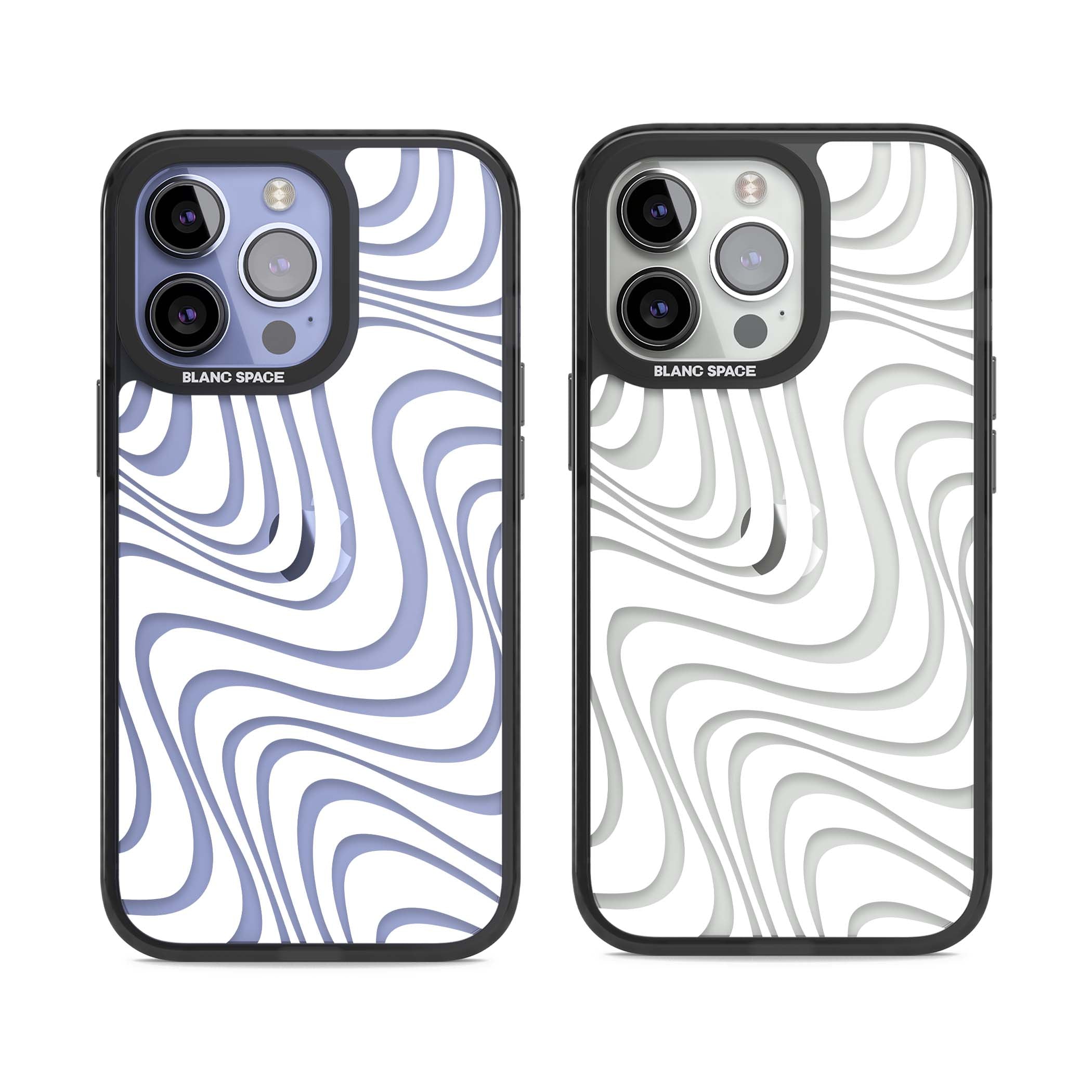 White Abstract Waves abstract iPhone case featuring flowing grey wave pattern on clear background | Black Impact case for iPhone 13 Pro, iPhone 14 Pro, iPhone 15 Pro