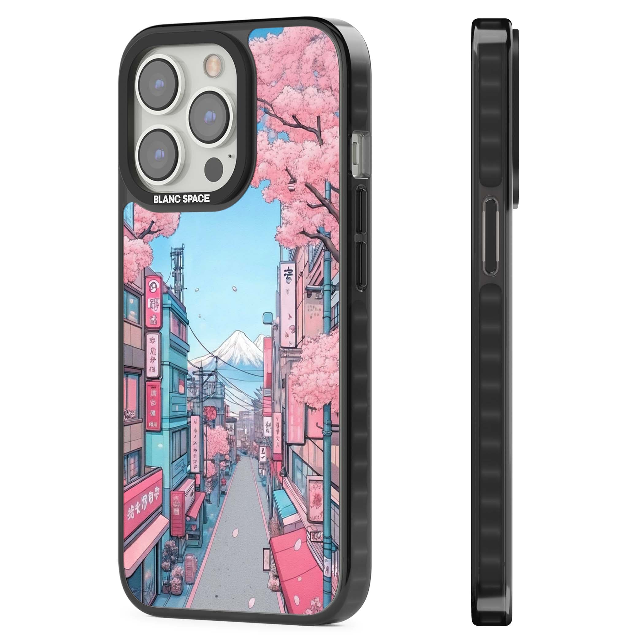 Sakura Lane anime iPhone case featuring Tokyo street scene with cherry blossoms and Mount Fuji | Black Impact case for iPhone 13 Pro, iPhone 14 Pro, iPhone 15 Pro