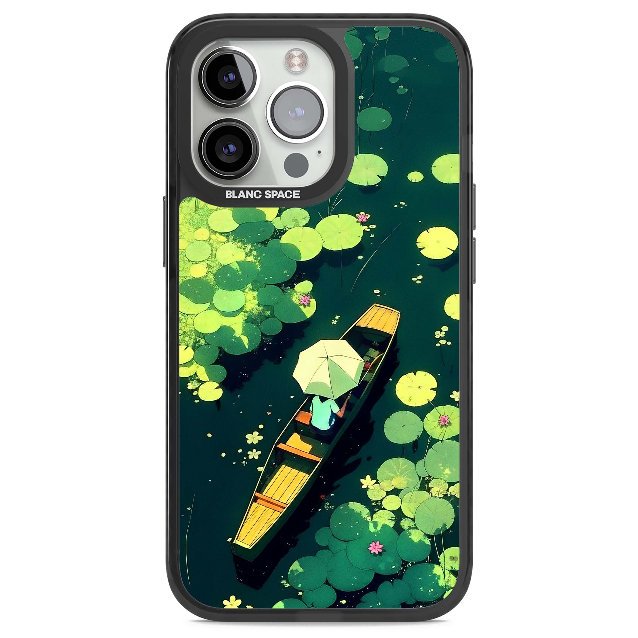 Jade Waters cottagecore iPhone case featuring a painted lily pond, wooden boat with parasol and floating water lilies | Black Impact case for iPhone 13 Pro, iPhone 14 Pro, iPhone 15 Pro