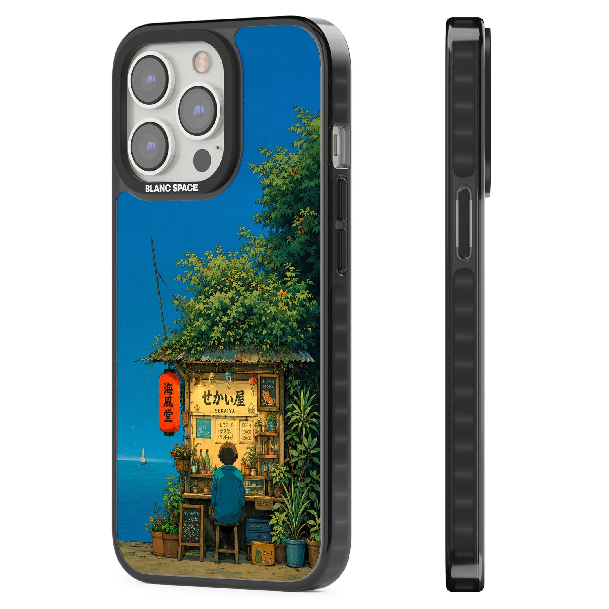 The Shirahama Kiosk anime iPhone case featuring a Japanese seaside shop, red paper lantern and ocean view | Black Impact case for iPhone 13 Pro, iPhone 14 Pro, iPhone 15 Pro