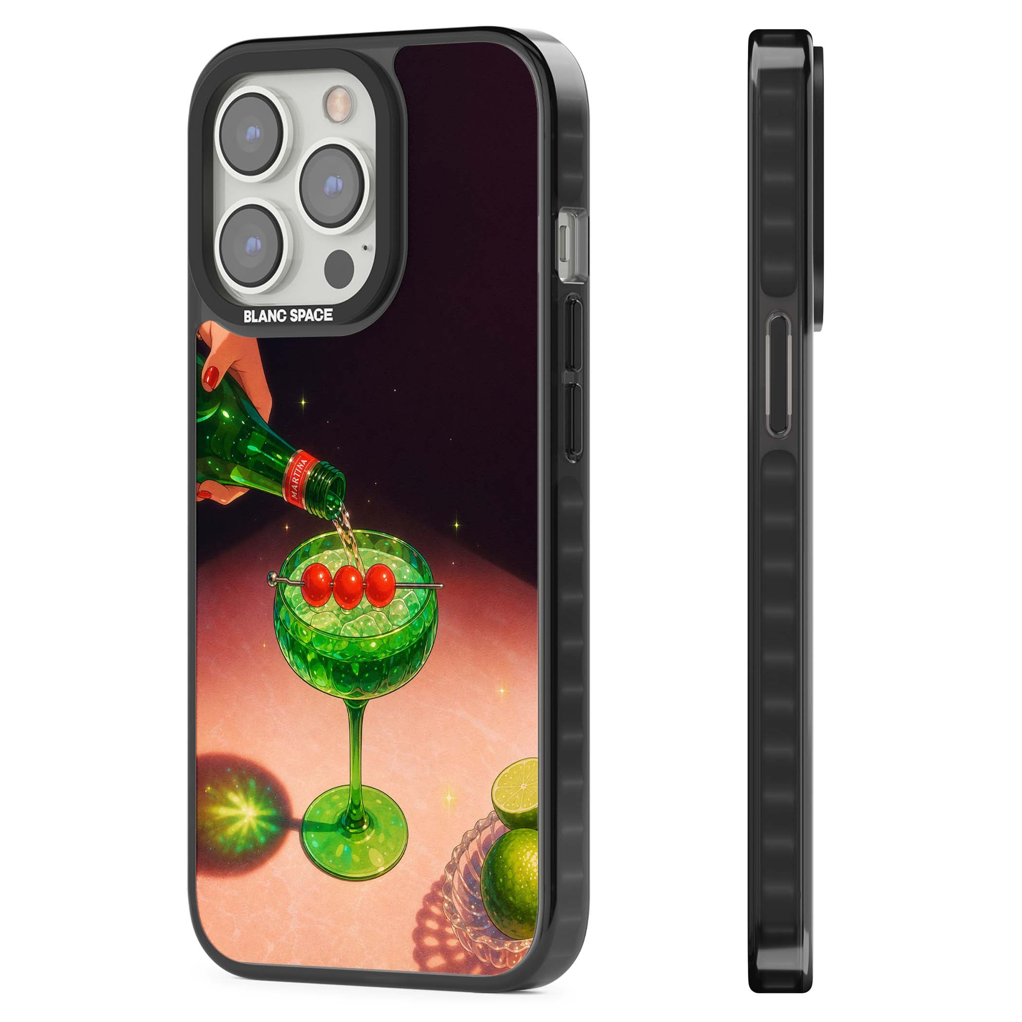 Absinthe Hour cocktail iPhone case featuring a green coupe glass, cherry garnish and vintage bottle pour illustration | Black Impact case for iPhone 13 Pro, iPhone 14 Pro, iPhone 15 Pro