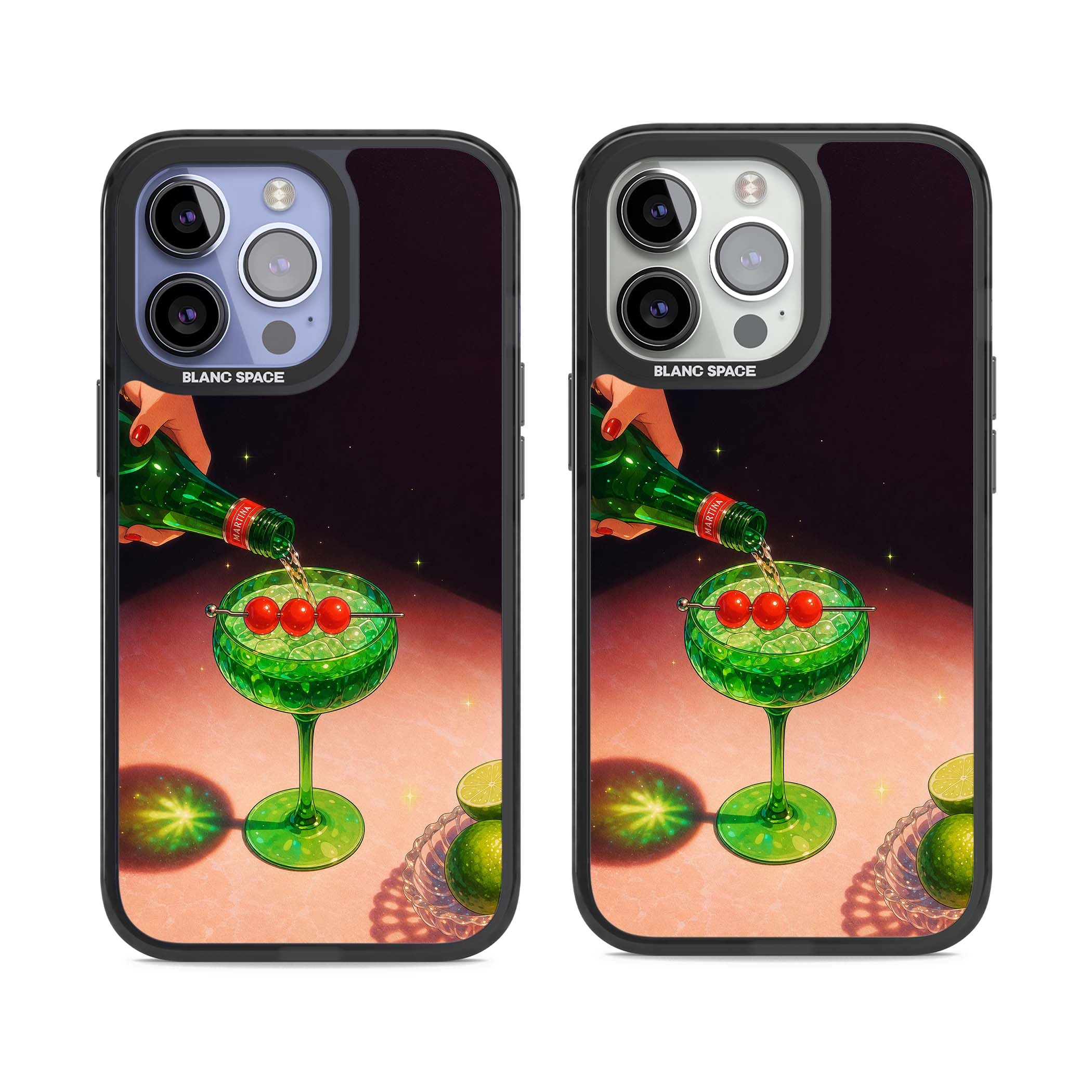 Absinthe Hour cocktail iPhone case featuring a green coupe glass, cherry garnish and vintage bottle pour illustration | Black Impact case for iPhone 13 Pro, iPhone 14 Pro, iPhone 15 Pro
