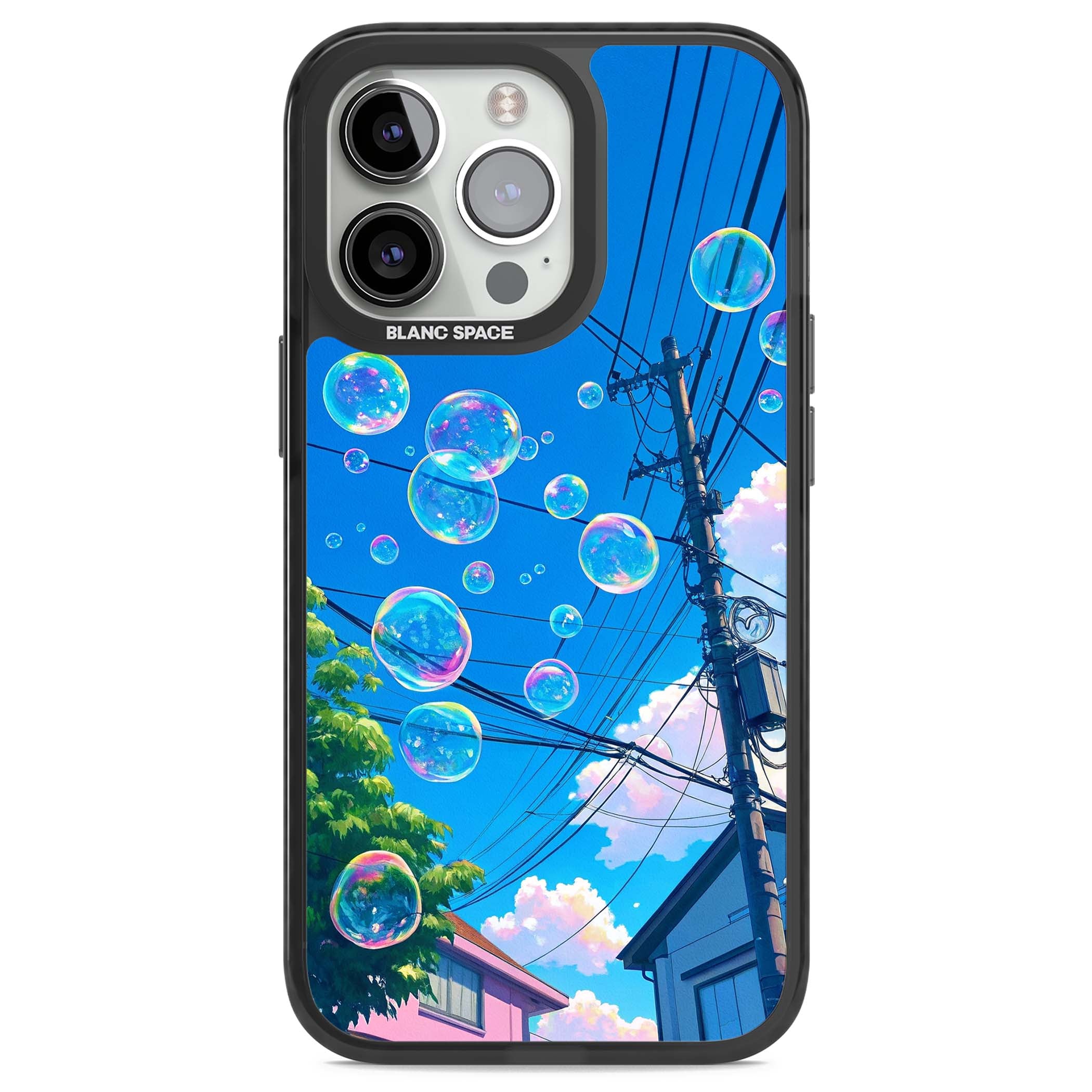 Suburban Bubbles anime iPhone case featuring iridescent soap bubbles, blue sky and Japanese telephone wires | Black Impact case for iPhone 13 Pro, iPhone 14 Pro, iPhone 15 Pro