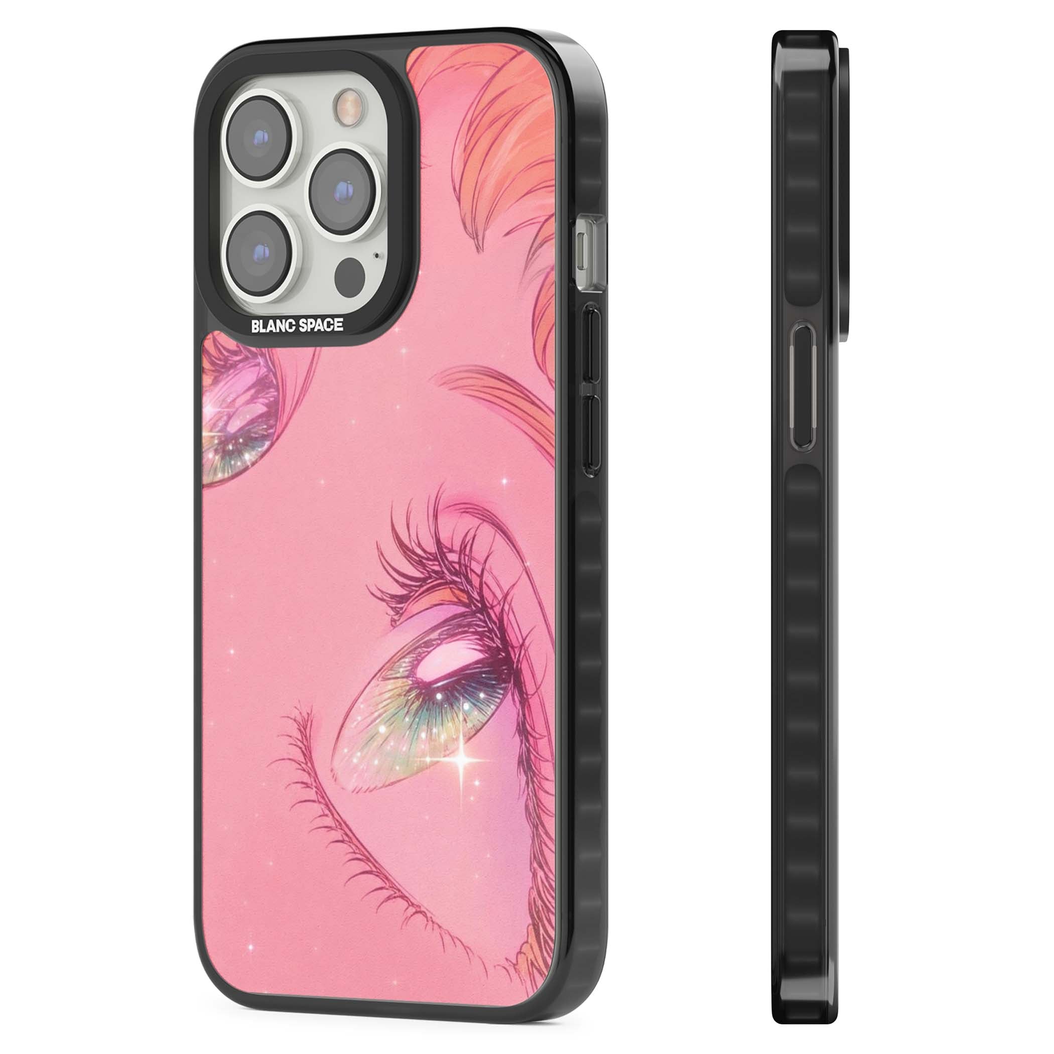 Pink Ethereal Gaze anime iPhone case featuring sparkling manga eyes, coral lashes and dreamy peach sky | Black Impact case for iPhone 13 Pro, iPhone 14 Pro, iPhone 15 Pro