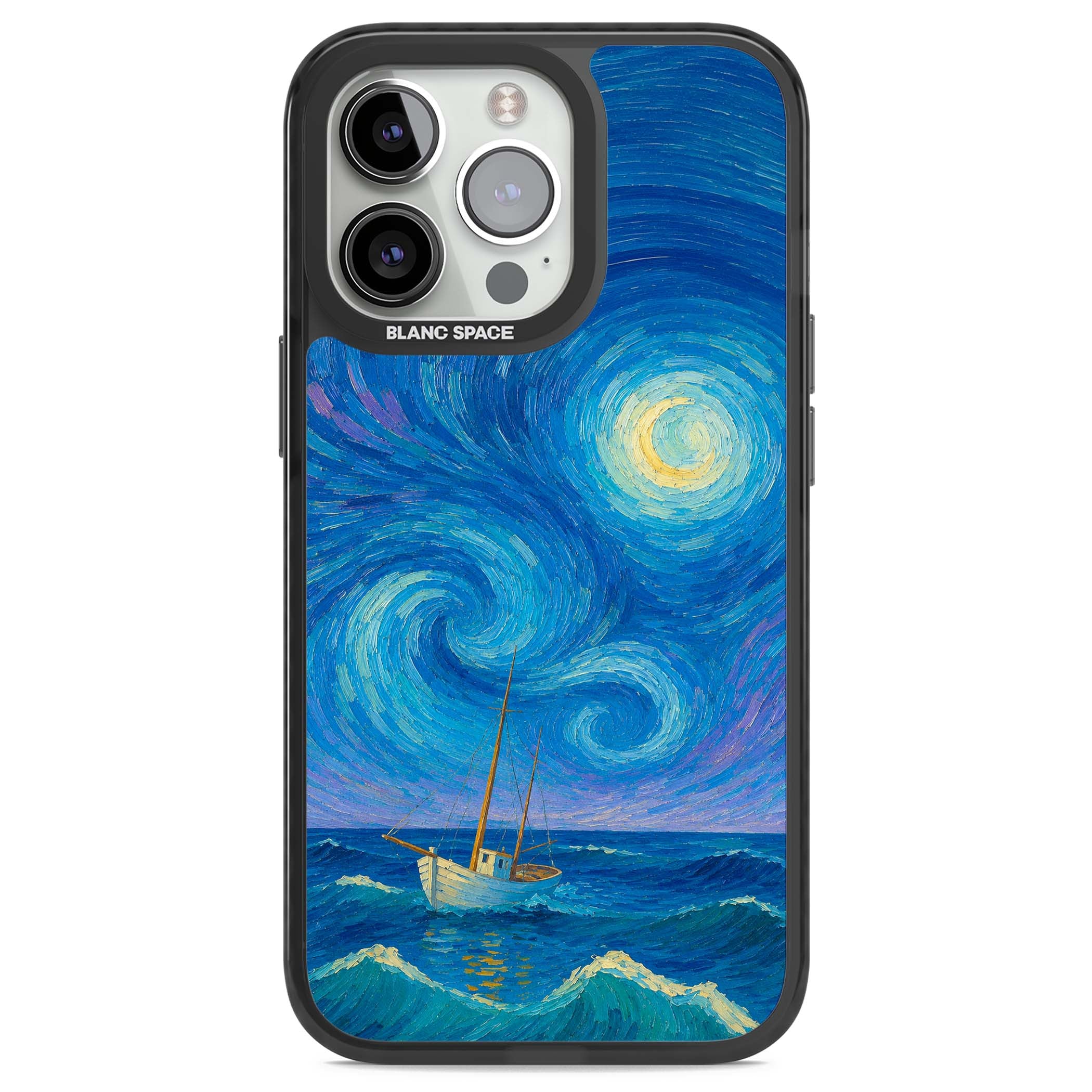 Moonlit Tide Van Gogh art iPhone case featuring swirling starry night sky, glowing moon and lone sailing boat at sea | Black Impact case for iPhone 13 Pro, iPhone 14 Pro, iPhone 15 Pro