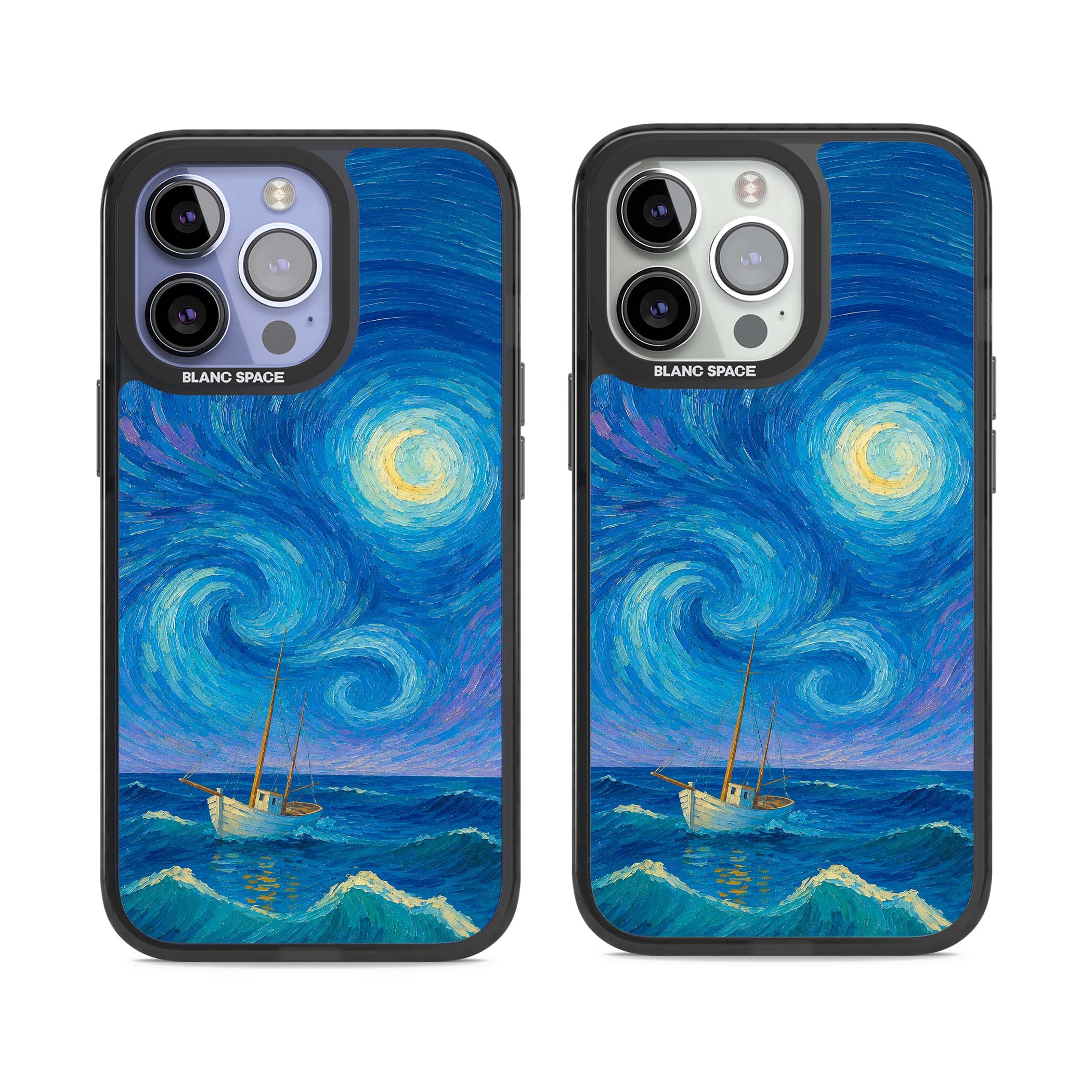 Moonlit Tide Van Gogh art iPhone case featuring swirling starry night sky, glowing moon and lone sailing boat at sea | Black Impact case for iPhone 13 Pro, iPhone 14 Pro, iPhone 15 Pro