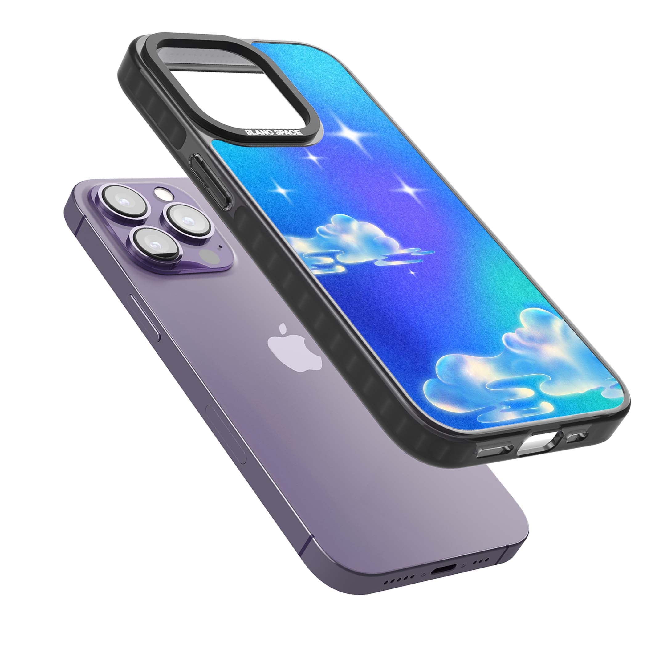 Aurora celestial iPhone case featuring dreamy iridescent clouds, sparkling stars and pastel blue purple sky | Black Impact case for iPhone 13 Pro, iPhone 14 Pro, iPhone 15 Pro