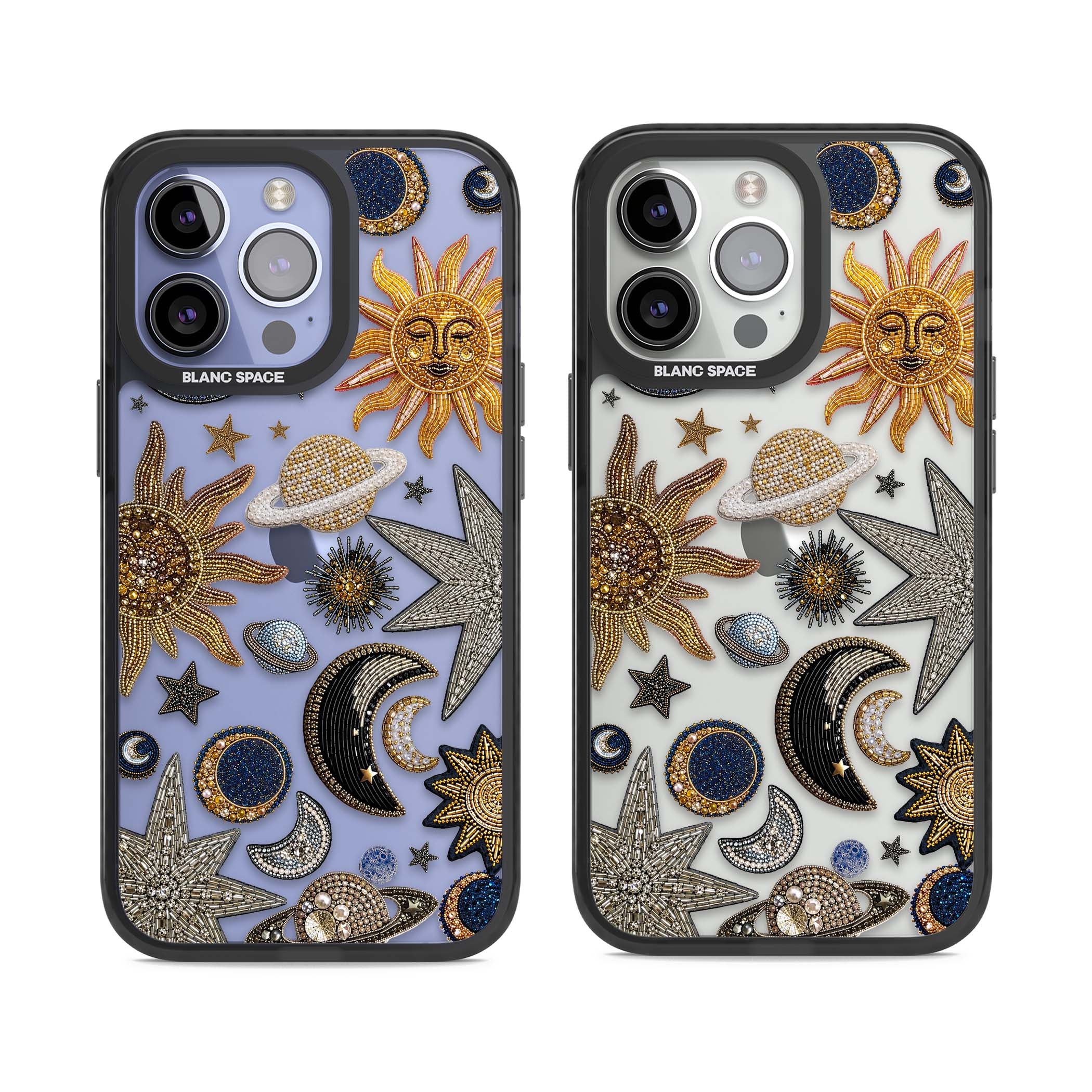 Beaded Cosmos celestial iPhone case featuring embroidered golden suns, beaded planets and silver shooting stars | Black Impact case for iPhone 13 Pro, iPhone 14 Pro, iPhone 15 Pro