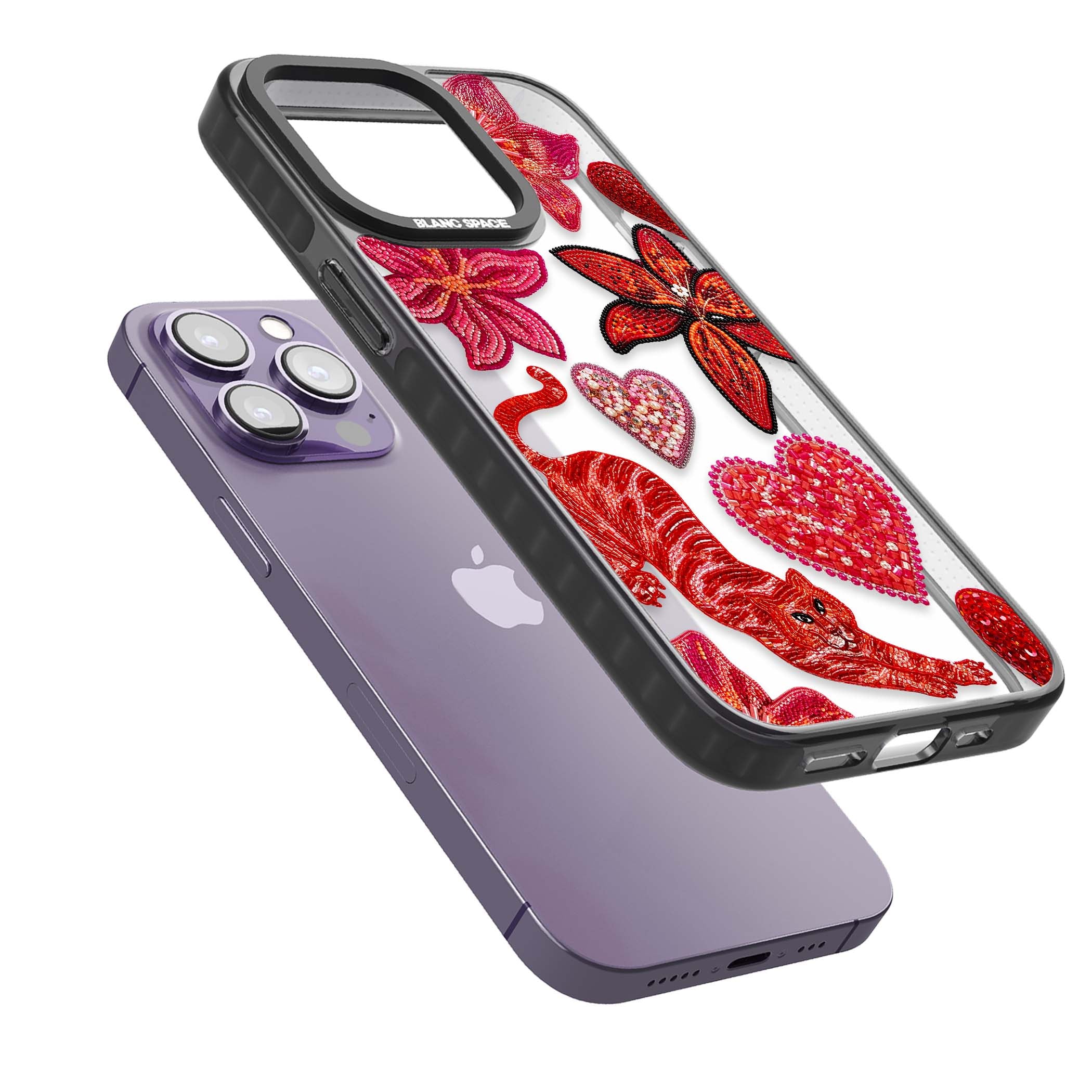 Beaded Boho floral iPhone case featuring beaded red lilies, a stitched tiger, and pearl-encrusted hearts on clear | Black Impact case for iPhone 13 Pro, iPhone 14 Pro, iPhone 15 Pro