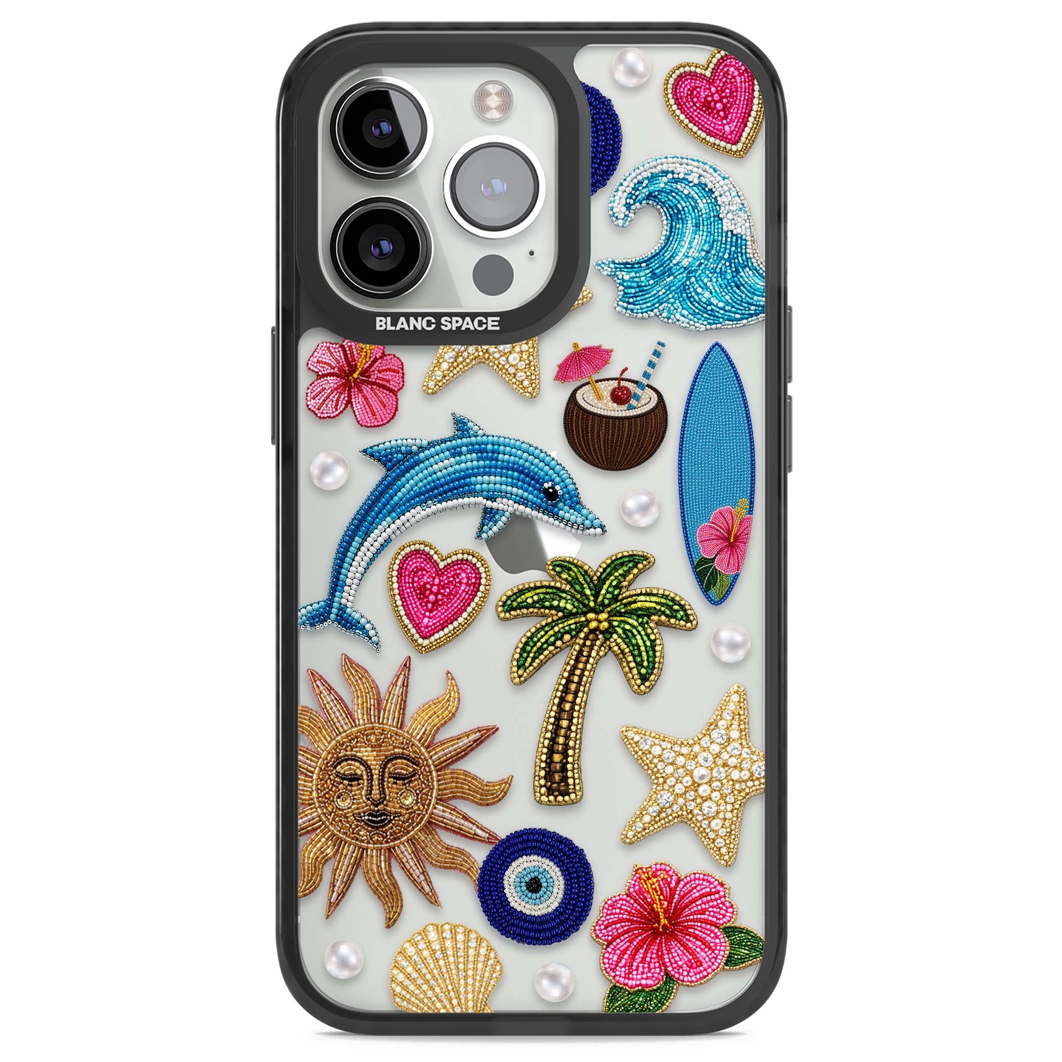 Beaded Beach coastal summer iPhone case featuring embroidered evil eye, hibiscus flowers, dolphin and palm tree patches | Black Impact case for iPhone 13 Pro, iPhone 14 Pro, iPhone 15 Pro