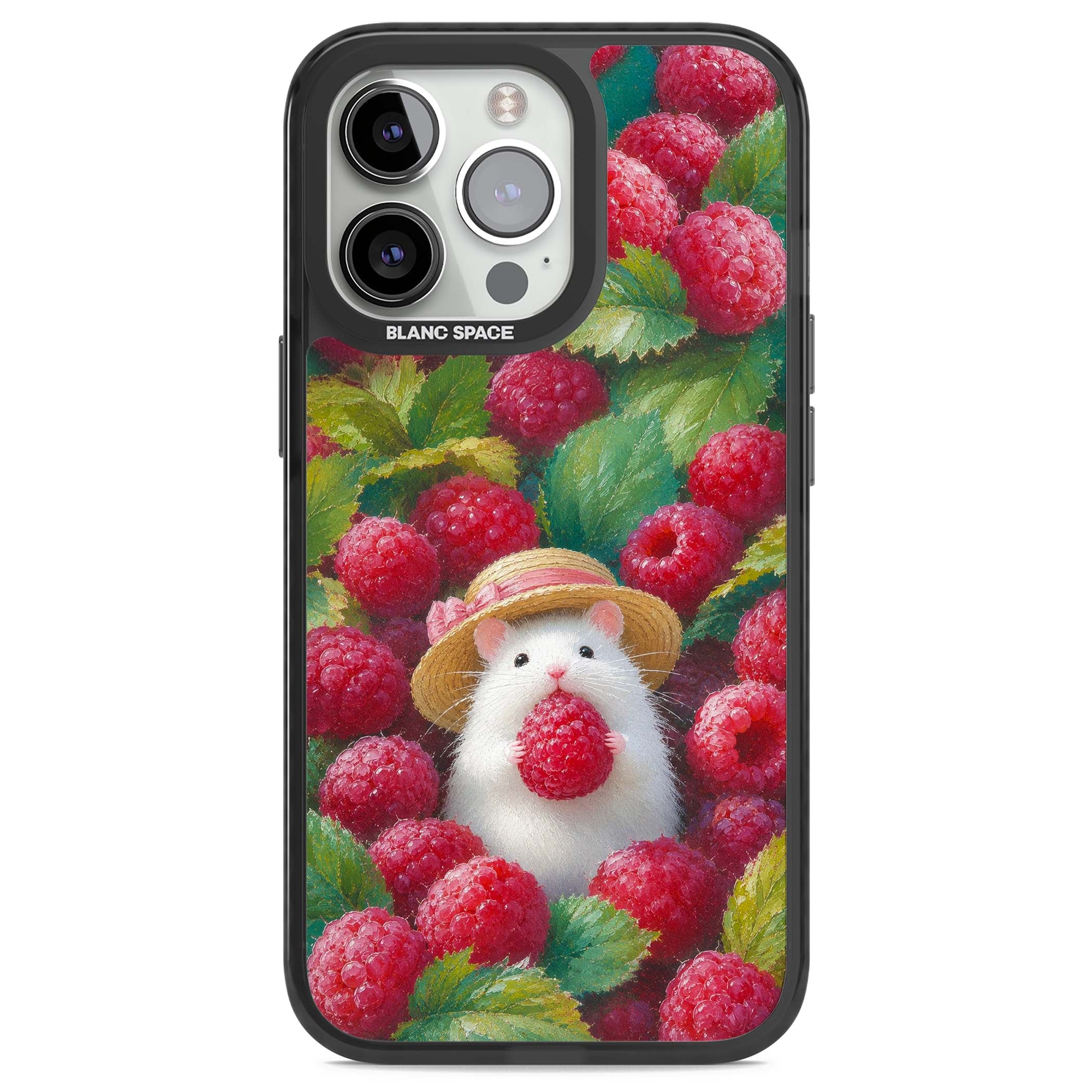 Berry Forager cottagecore iPhone case featuring a white hamster in a straw hat holding a raspberry surrounded by ripe ber | Black Impact case for iPhone 13 Pro, iPhone 14 Pro, iPhone 15 Pro