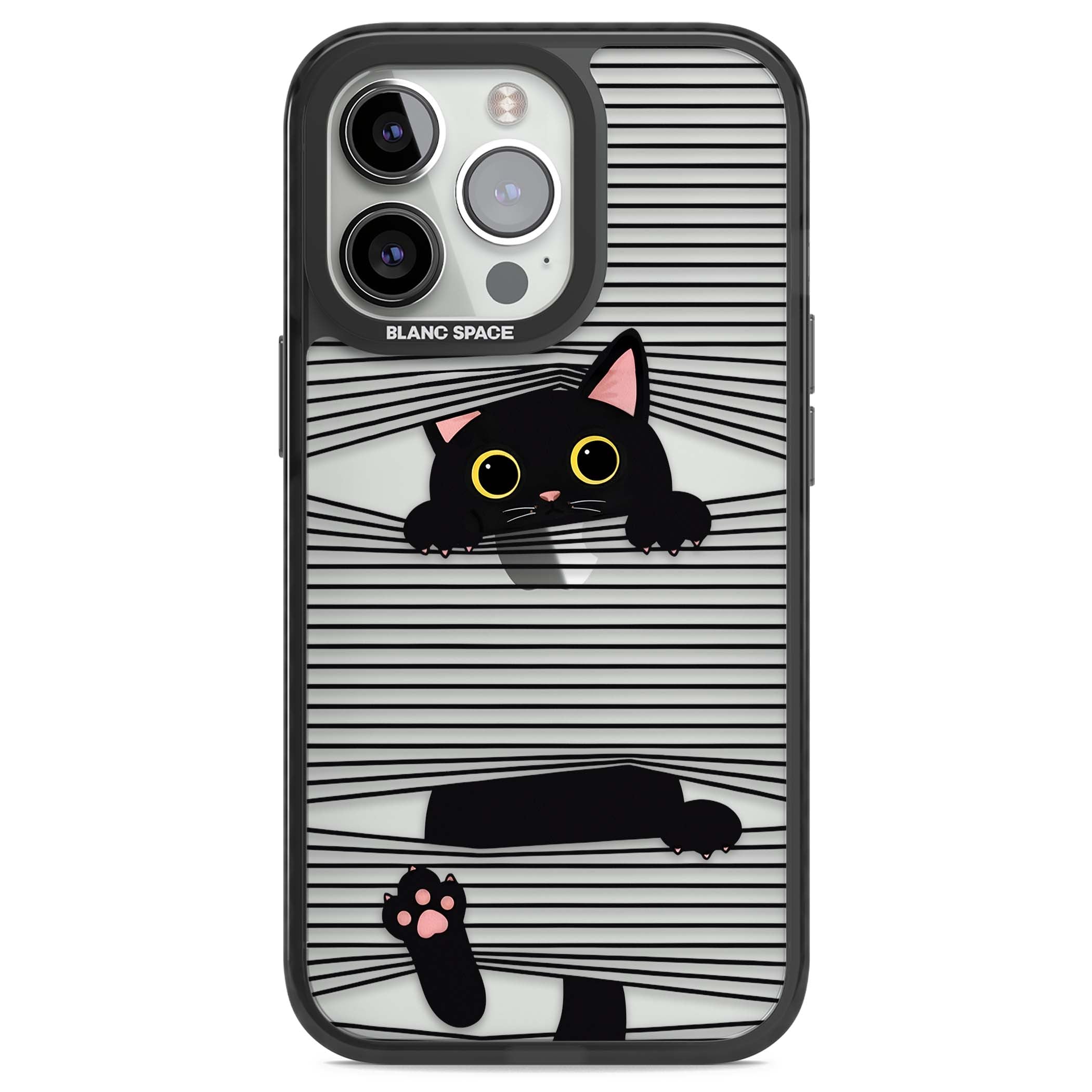 Peek-a-Boo Cat minimal iPhone case featuring black cat peeking through horizontal black and white stripes | Black Impact case for iPhone 13 Pro, iPhone 14 Pro, iPhone 15 Pro