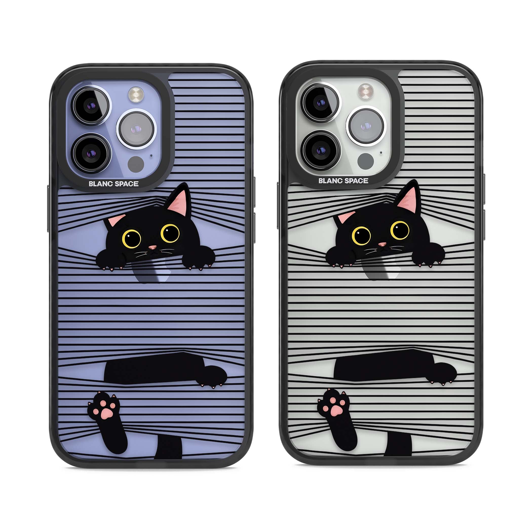 Peek-a-Boo Cat minimal iPhone case featuring black cat peeking through horizontal black and white stripes | Black Impact case for iPhone 13 Pro, iPhone 14 Pro, iPhone 15 Pro