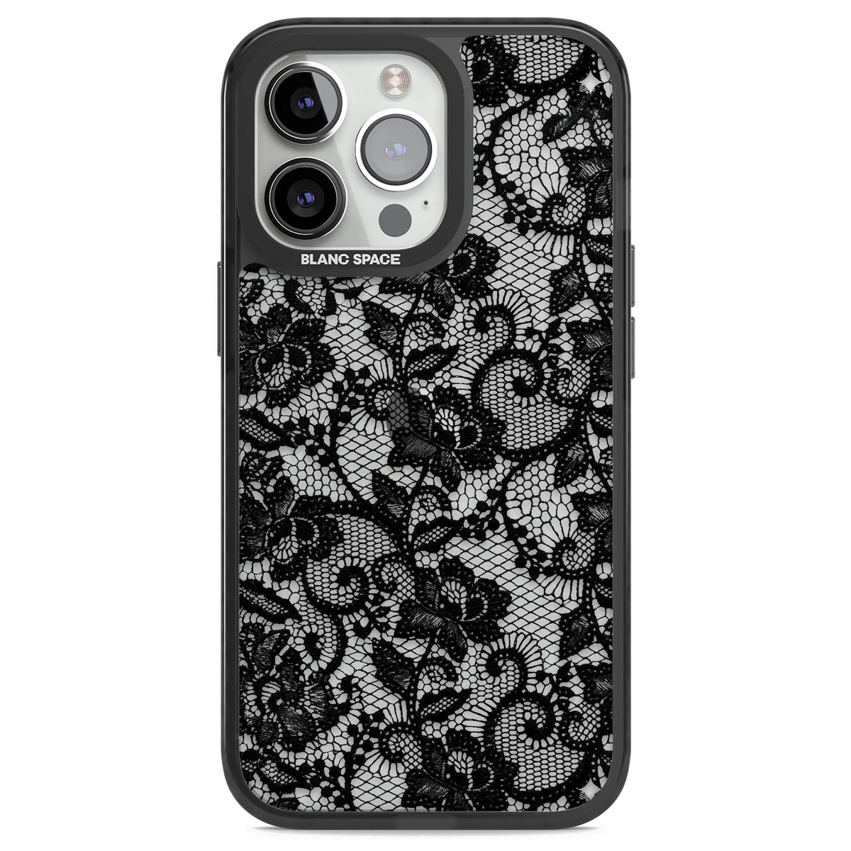 Black Lace gothic iPhone case featuring intricate black floral lace pattern with vintage whimsigoth detail | Black Impact case for iPhone 13 Pro, iPhone 14 Pro, iPhone 15 Pro