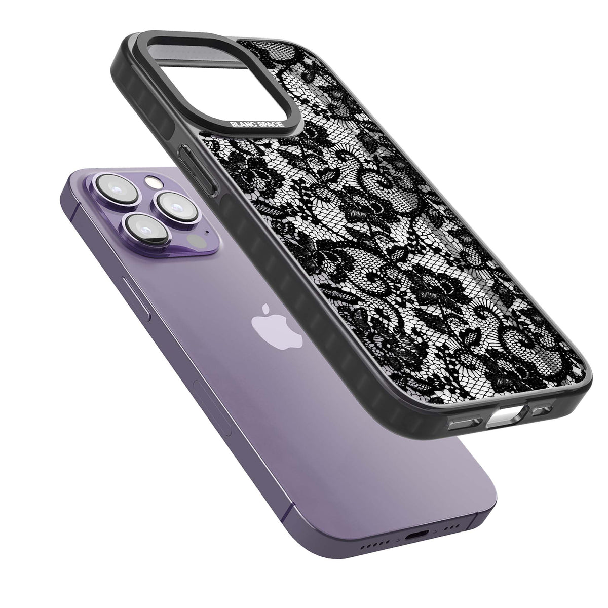 Black Lace gothic iPhone case featuring intricate black floral lace pattern with vintage whimsigoth detail | Black Impact case for iPhone 13 Pro, iPhone 14 Pro, iPhone 15 Pro