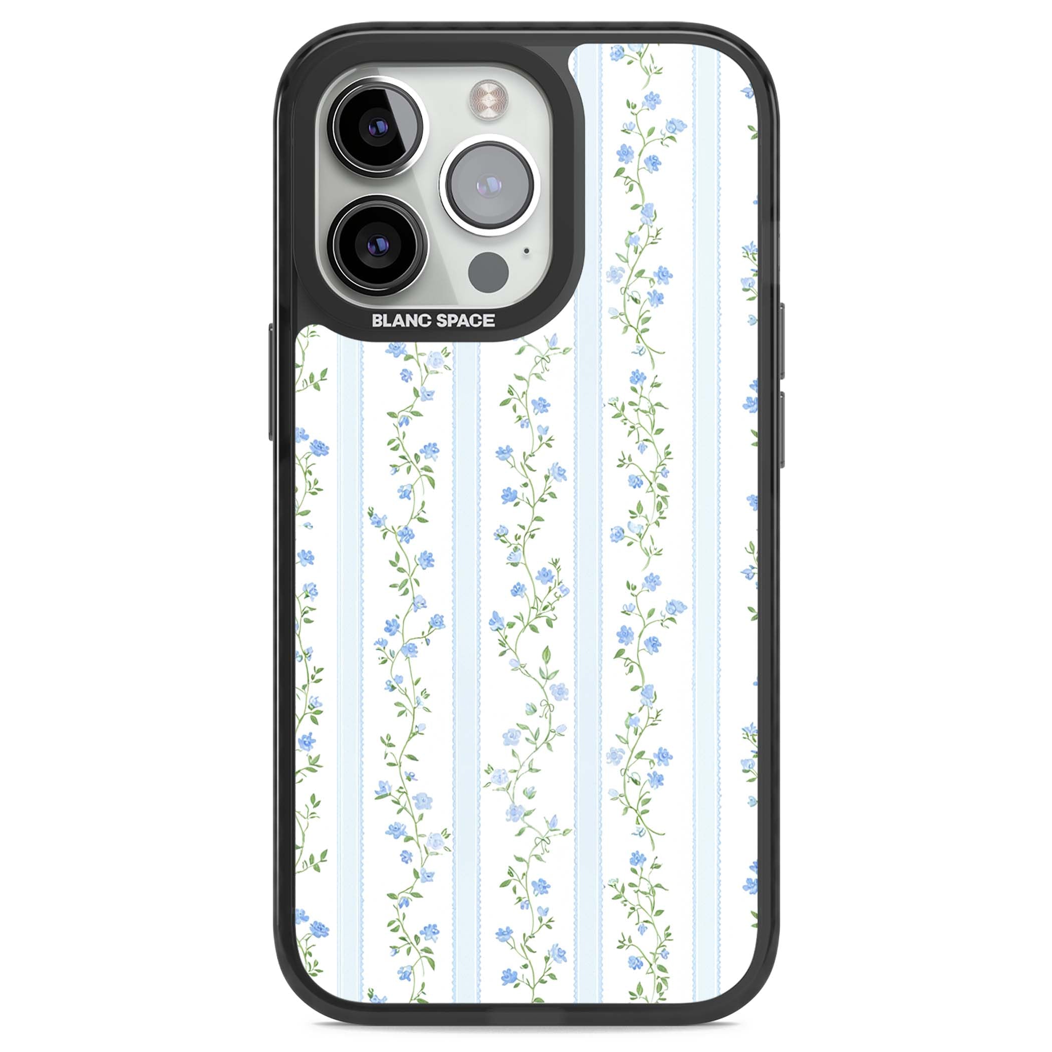 Bluebell Vine cottagecore iPhone case featuring climbing blue roses, trailing green vines, and pale ticking stripes | Black Impact case for iPhone 13 Pro, iPhone 14 Pro, iPhone 15 Pro