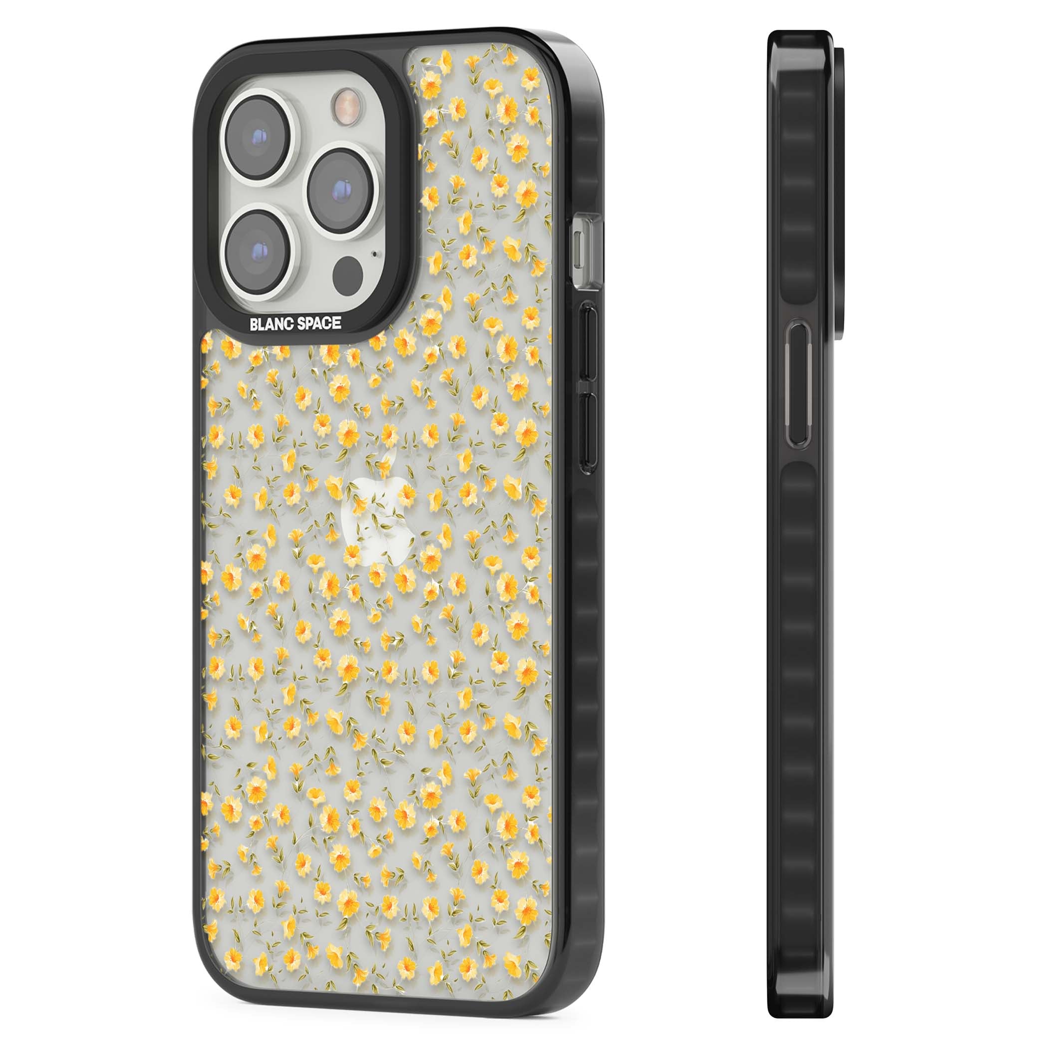 Buttercup wildflower iPhone case featuring tiny yellow flowers and trailing green vines on clear | Black Impact case for iPhone 13 Pro, iPhone 14 Pro, iPhone 15 Pro