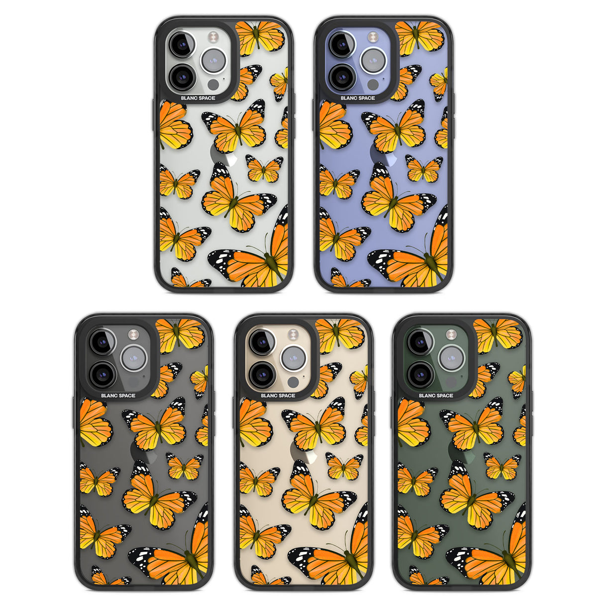 Sun-Yellow Butterflies Black Impact Phone Case for iPhone 13 Pro, iPhone 14 Pro, iPhone 15 Pro