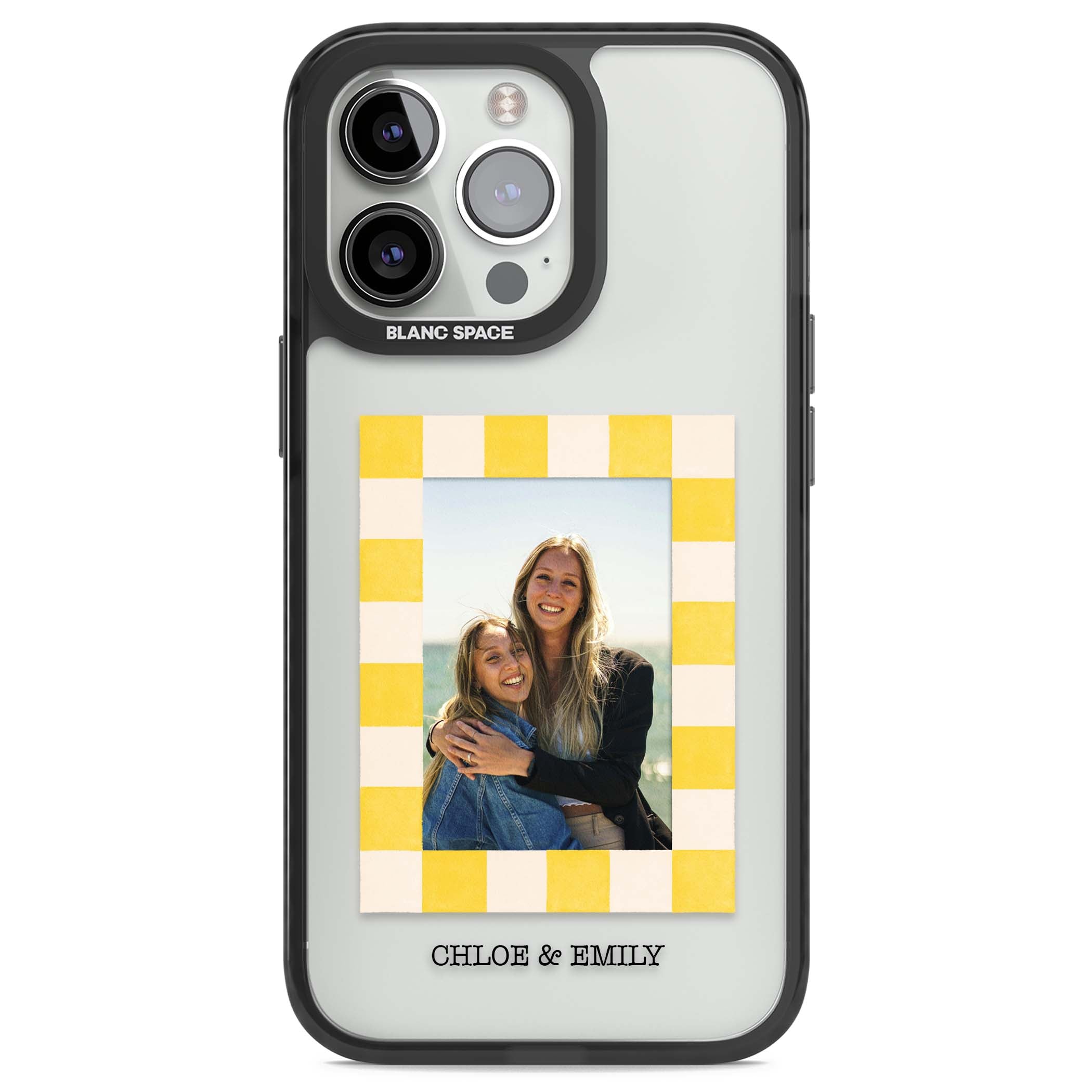 Yellow Check Photo personalised iPhone case with yellow checkered Polaroid frame and custom names beneath | Black Impact case for iPhone 13 Pro, iPhone 14 Pro, iPhone 15 Pro