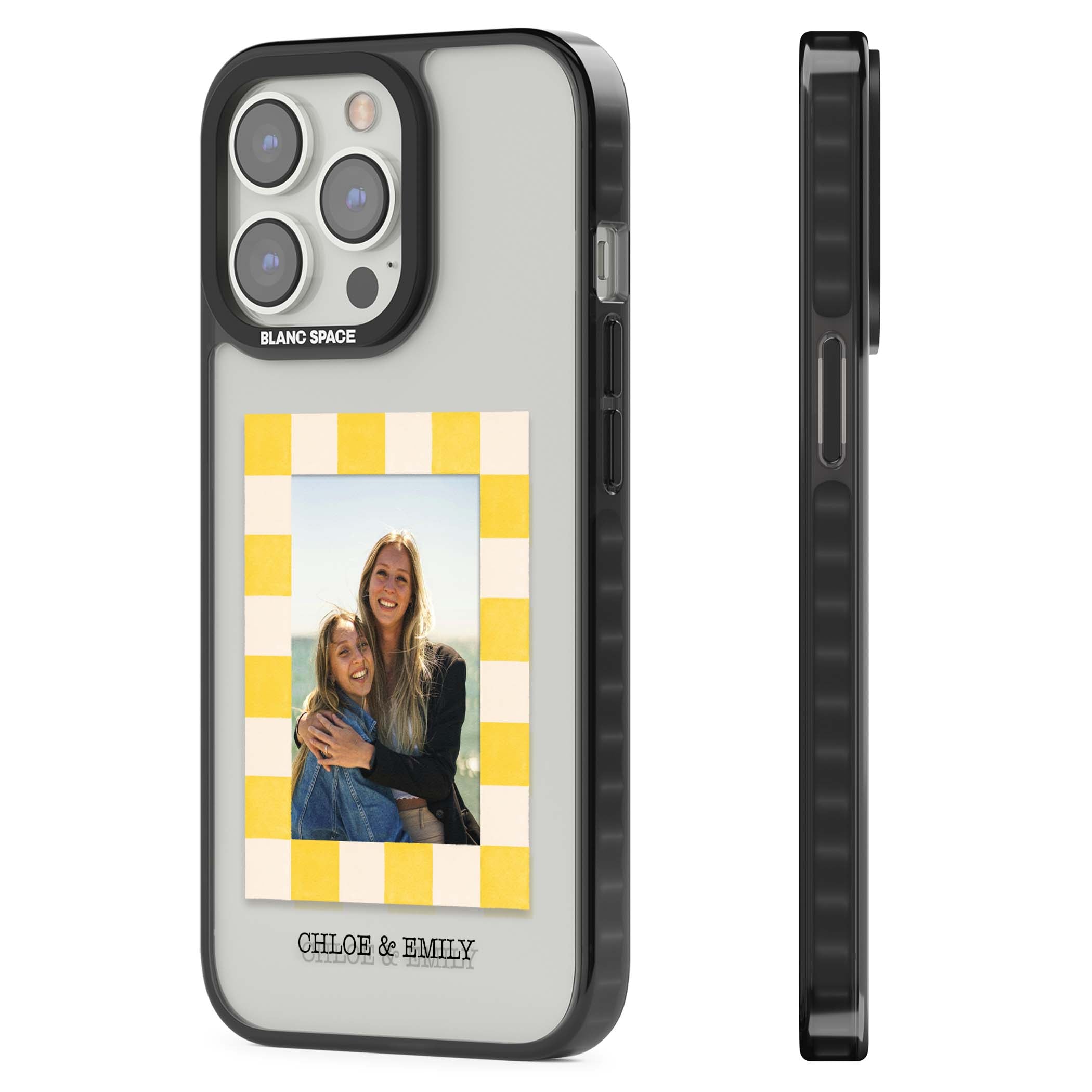 Yellow Check Photo personalised iPhone case with yellow checkered Polaroid frame and custom names beneath | Black Impact case for iPhone 13 Pro, iPhone 14 Pro, iPhone 15 Pro