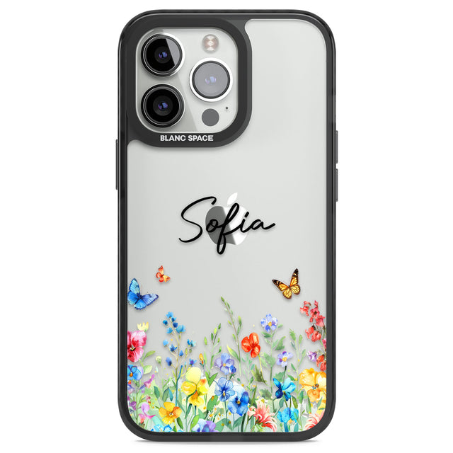 Personalised Buterflies & Wildflowers Black Impact Phone Case for iPhone 13 Pro, iPhone 14 Pro, iPhone 15 Pro