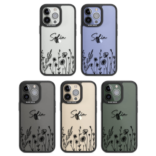 Personalised Black Wildflowers Black Impact Phone Case for iPhone 13 Pro, iPhone 14 Pro, iPhone 15 Pro