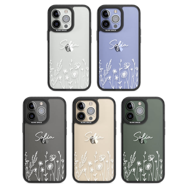 Personalised White Wildflowers Black Impact Phone Case for iPhone 13 Pro, iPhone 14 Pro, iPhone 15 Pro