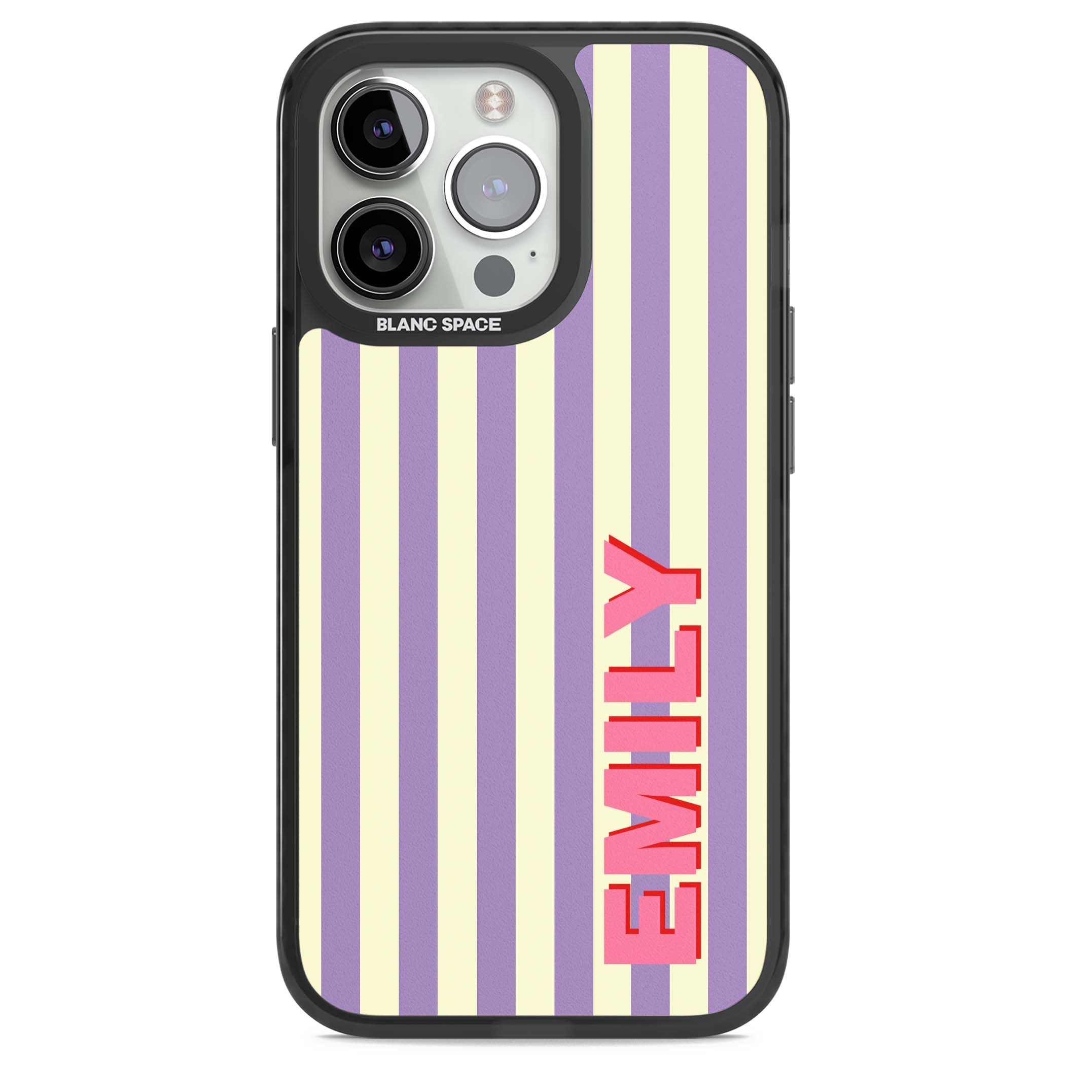 Valensole Stripe personalised iPhone case with purple and cream vertical stripes and pink custom name | Black Impact case for iPhone 13 Pro, iPhone 14 Pro, iPhone 15 Pro