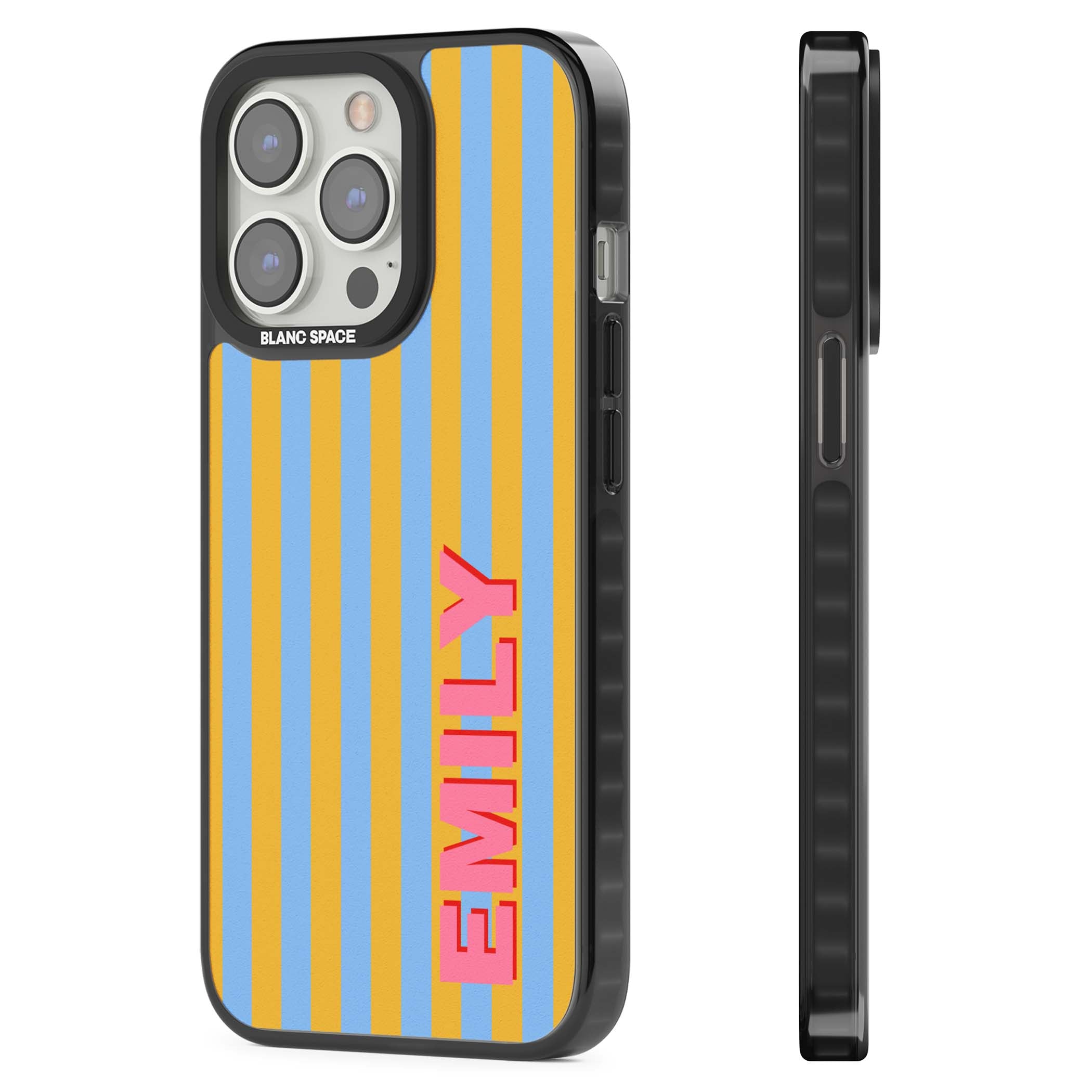 Carribean Stripe personalised coastal iPhone case with yellow and blue vertical stripes and a custom pink name | Black Impact case for iPhone 13 Pro, iPhone 14 Pro, iPhone 15 Pro