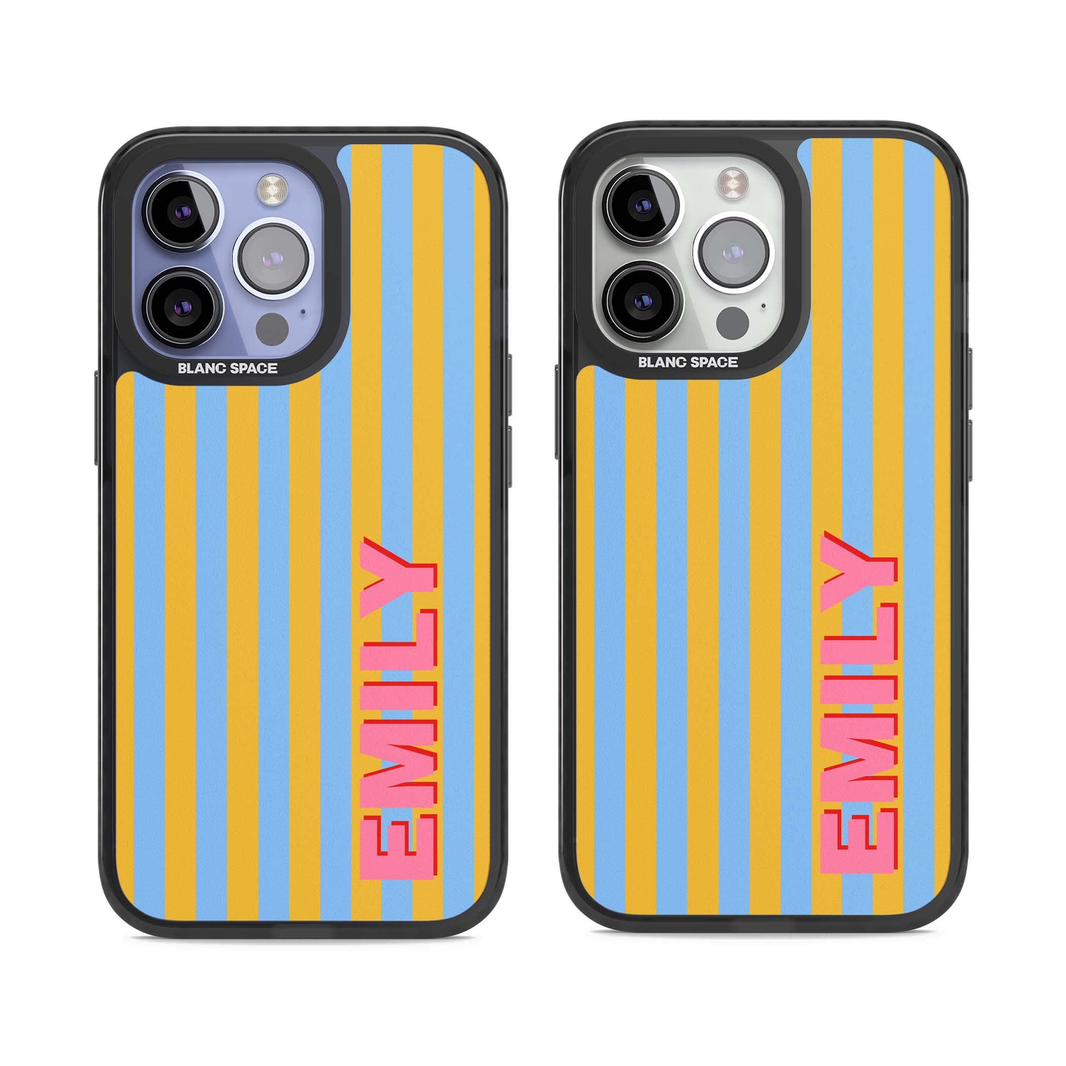 Carribean Stripe personalised coastal iPhone case with yellow and blue vertical stripes and a custom pink name | Black Impact case for iPhone 13 Pro, iPhone 14 Pro, iPhone 15 Pro