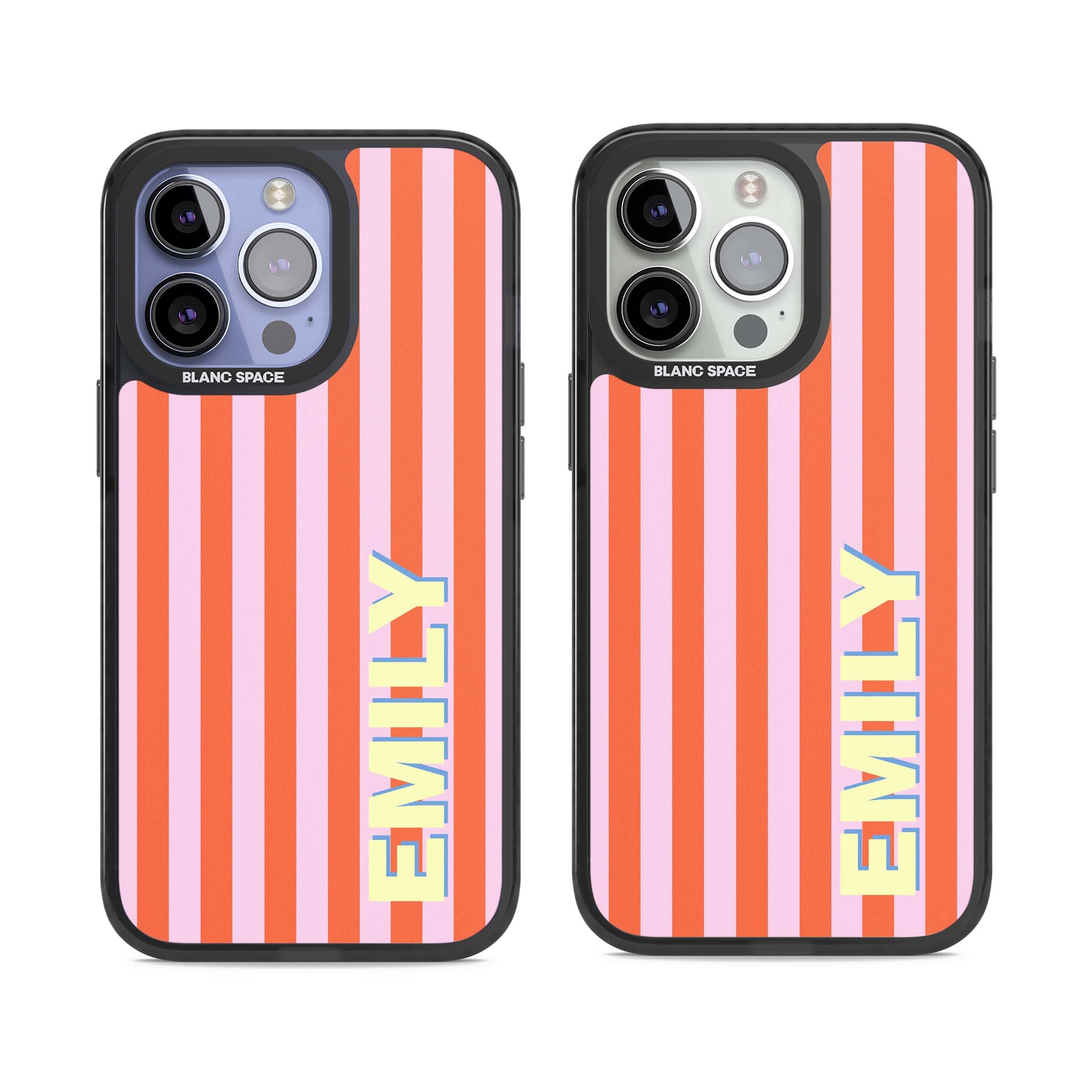 Havana Stripe personalised iPhone case featuring pink and orange vertical stripes with a custom yellow name | Black Impact case for iPhone 13 Pro, iPhone 14 Pro, iPhone 15 Pro