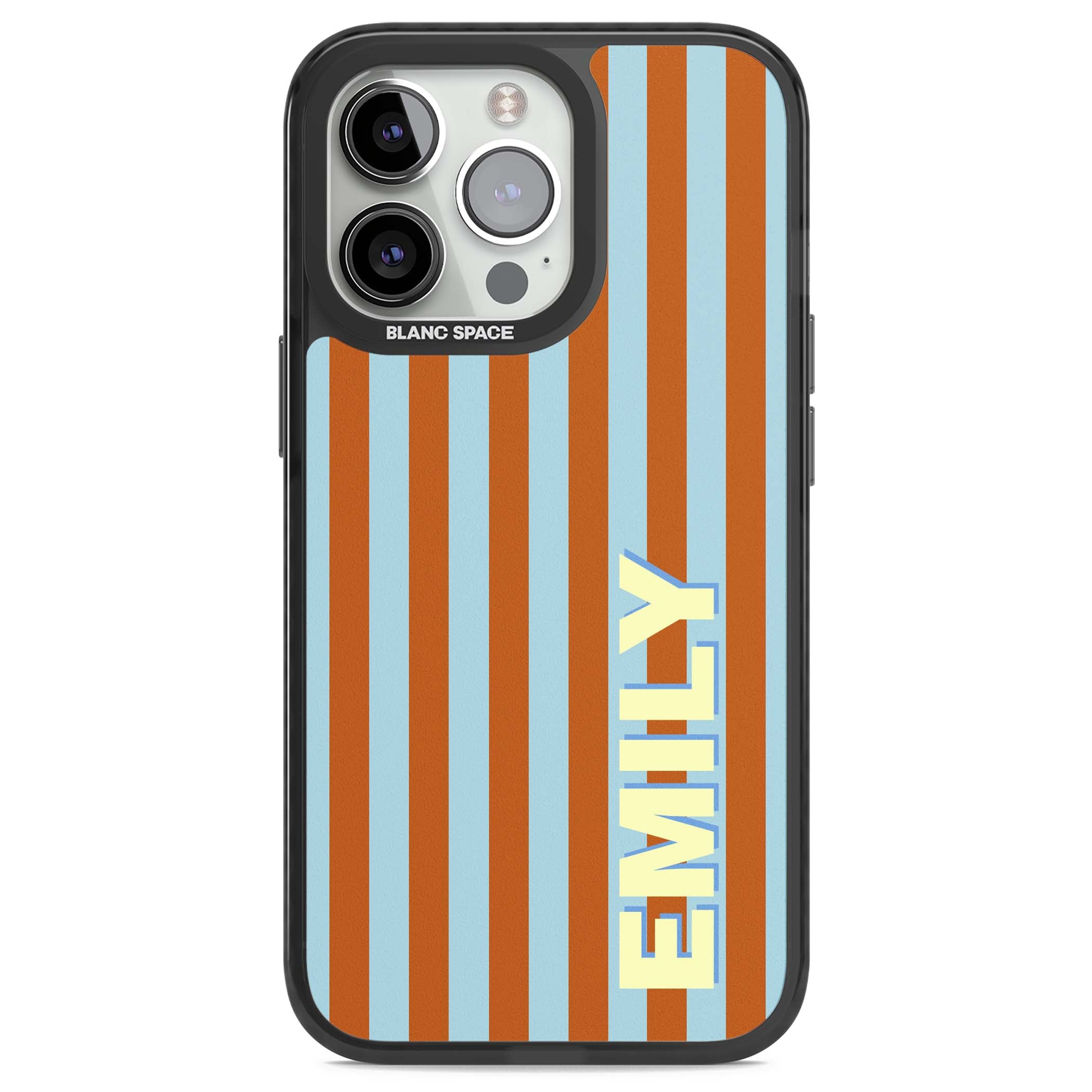 Cappadocia Stripe personalised coastal iPhone case featuring blue and orange vertical stripes with custom cream name | Black Impact case for iPhone 13 Pro, iPhone 14 Pro, iPhone 15 Pro