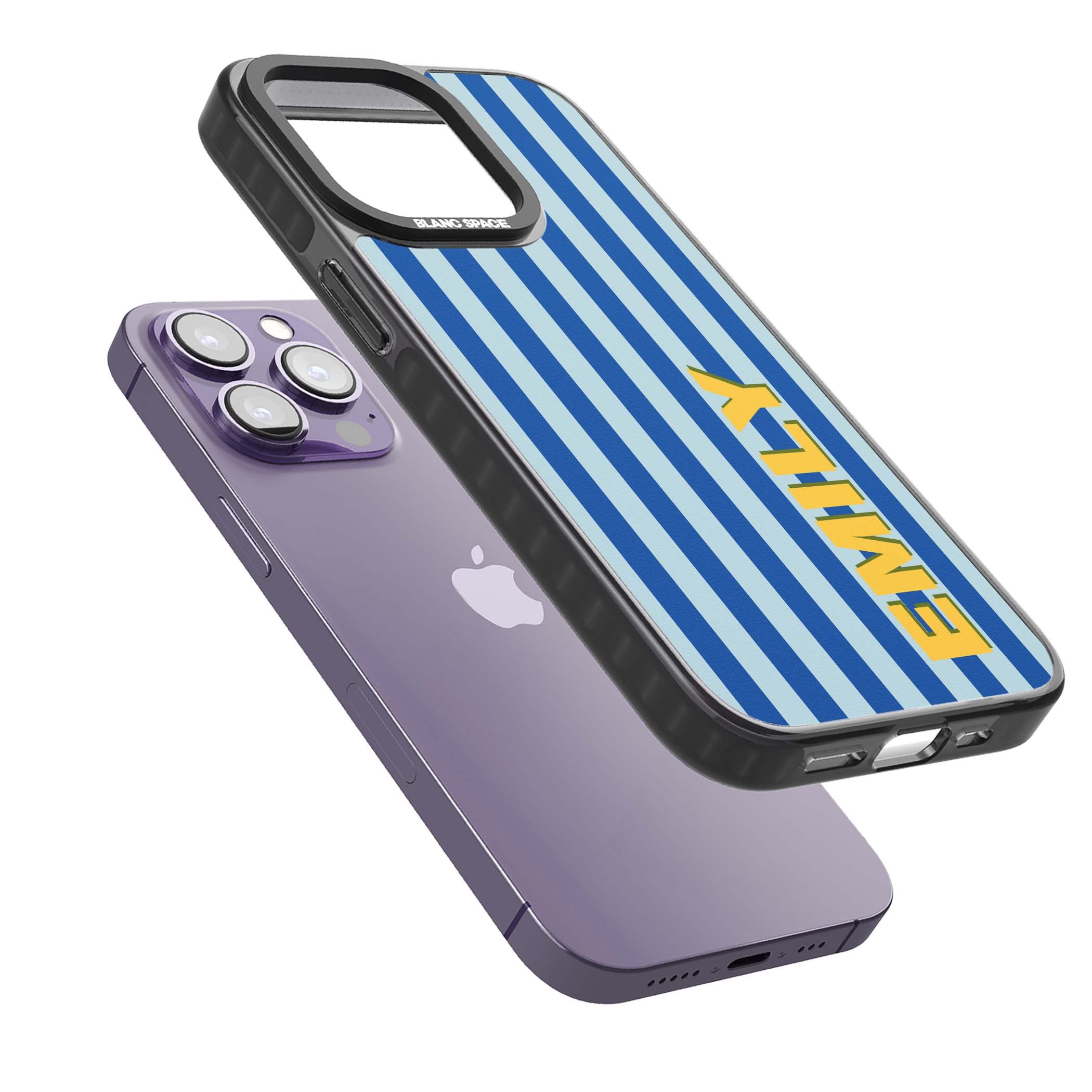 Athenian Stripe personalised preppy iPhone case featuring blue vertical stripes and a custom yellow name | Black Impact case for iPhone 13 Pro, iPhone 14 Pro, iPhone 15 Pro